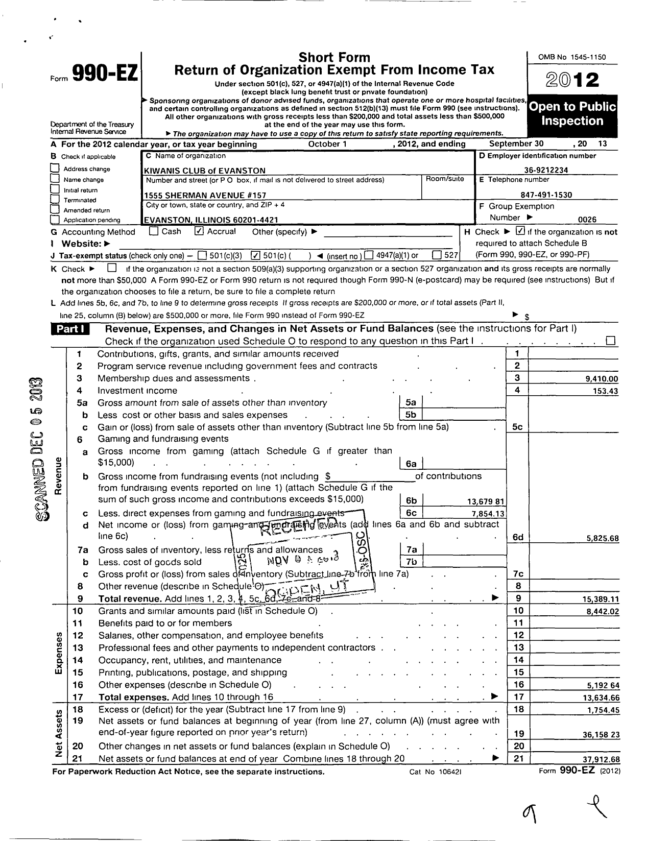 Image of first page of 2012 Form 990EO for Kiwanis International - K00333 Evanston