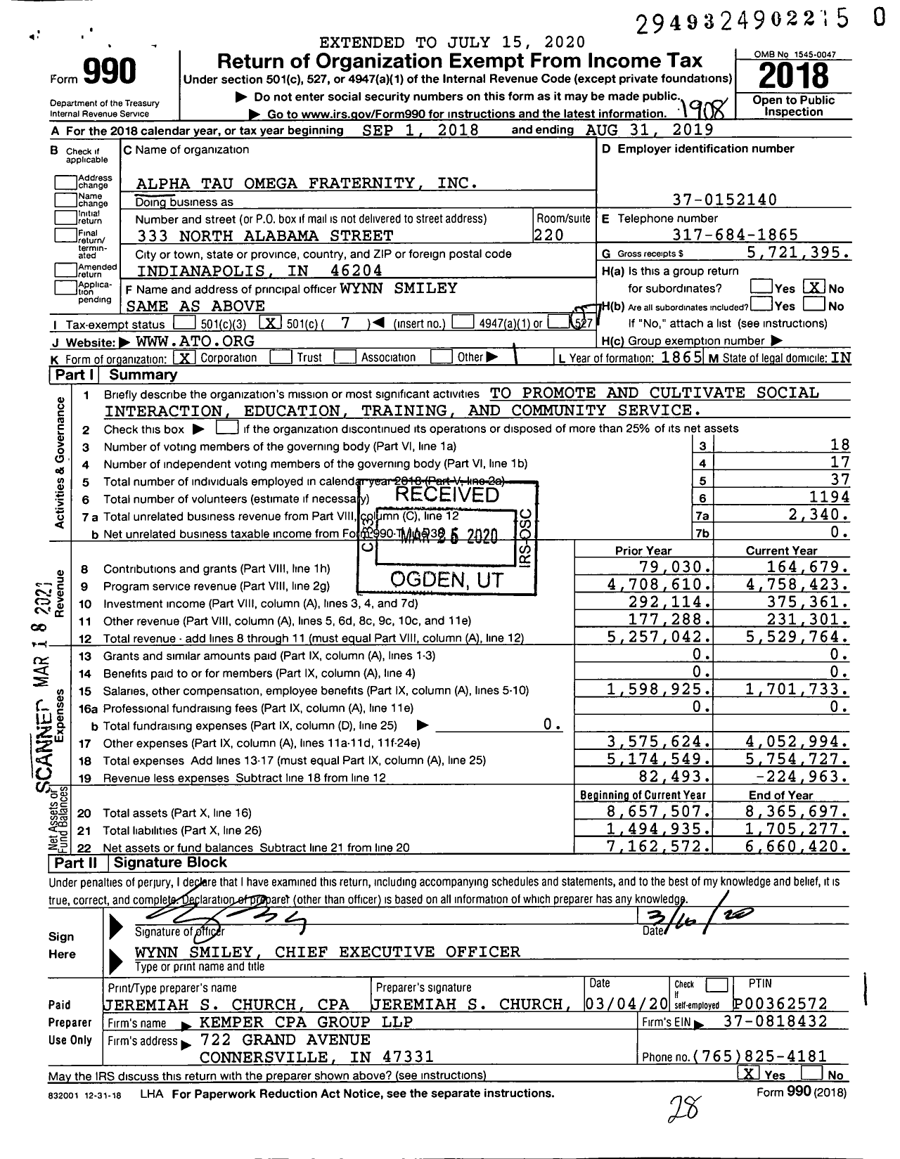 Image of first page of 2018 Form 990O for Alpha Tau Omega (ATO)