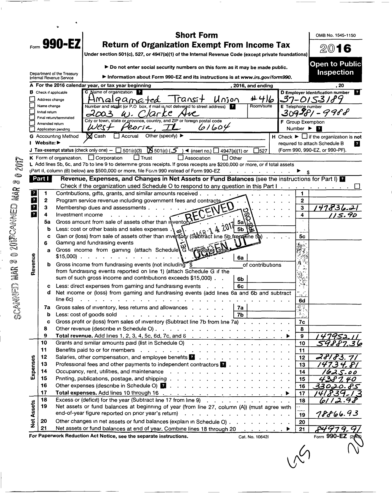 Image of first page of 2016 Form 990EO for Amalgamated Transit Union - 416 Local