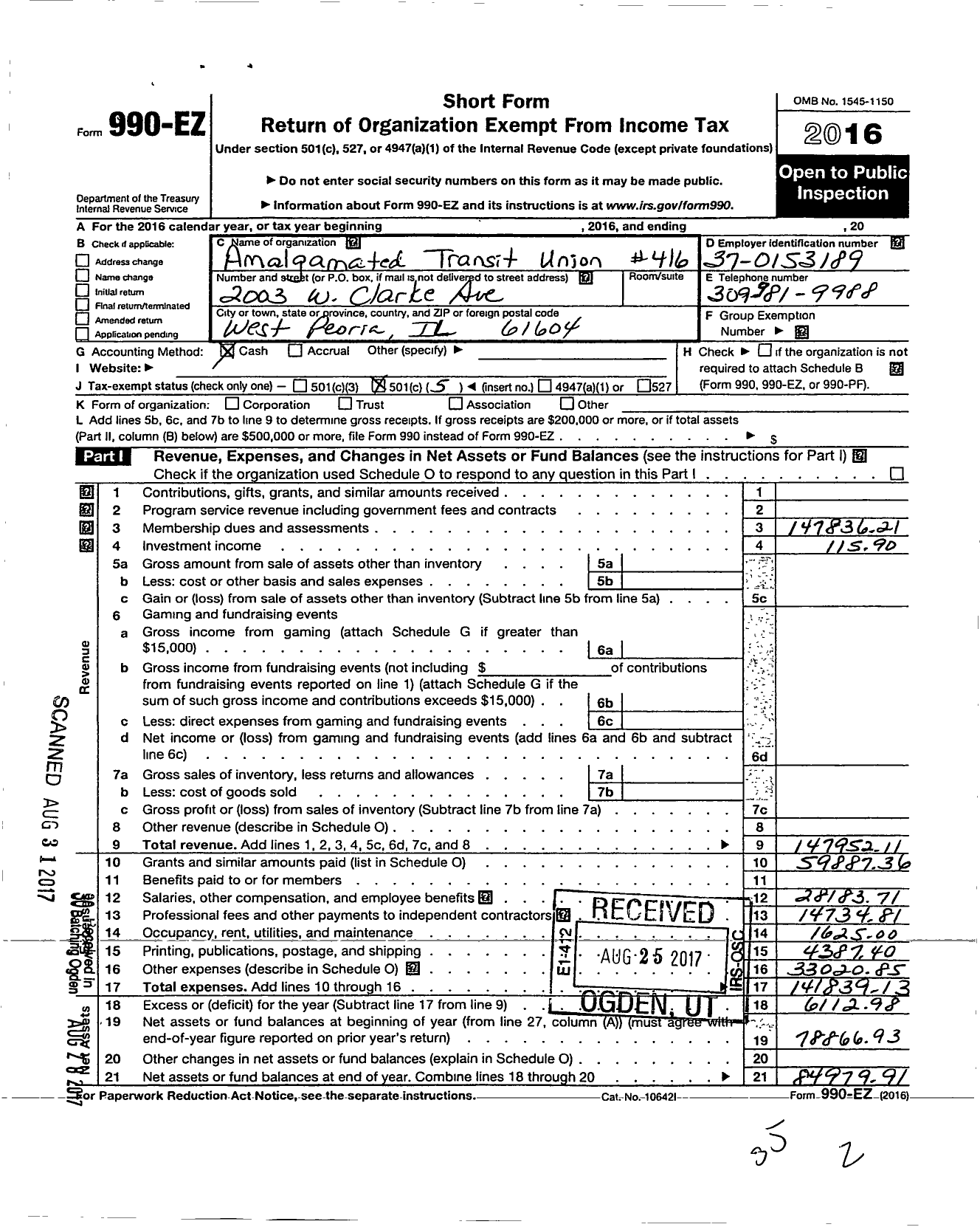 Image of first page of 2016 Form 990EO for Amalgamated Transit Union - 416 Local