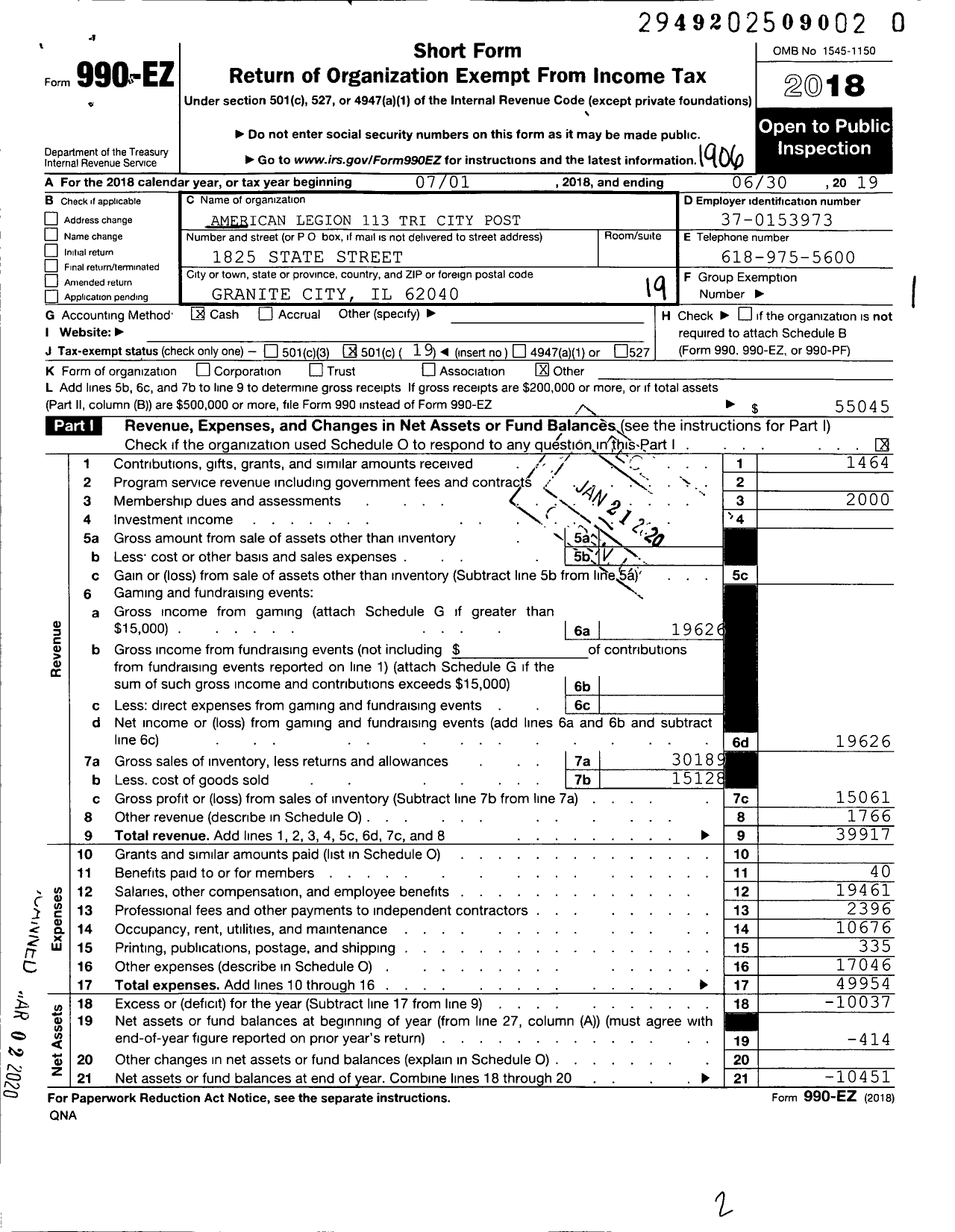 Image of first page of 2018 Form 990EO for American Legion - 113 Tri City Post