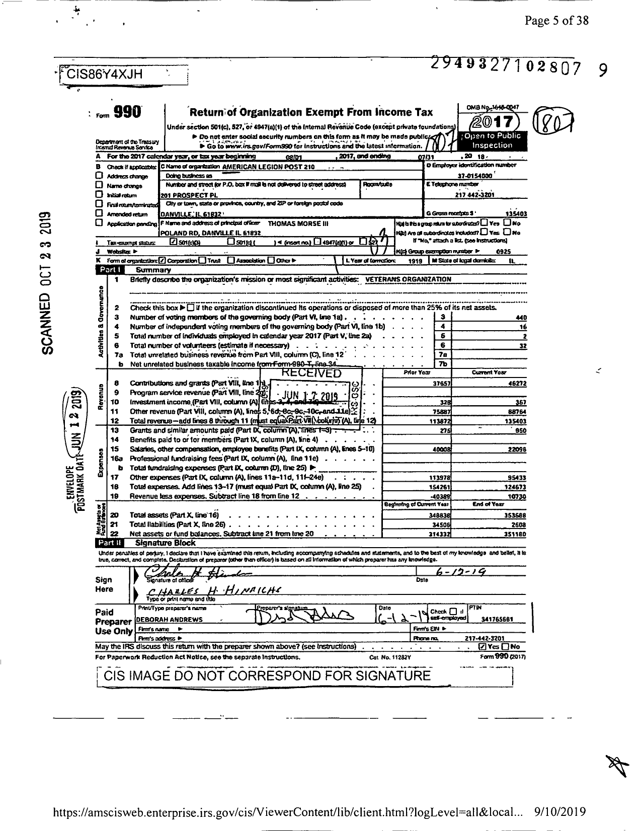 Image of first page of 2017 Form 990 for American Legion Post 210