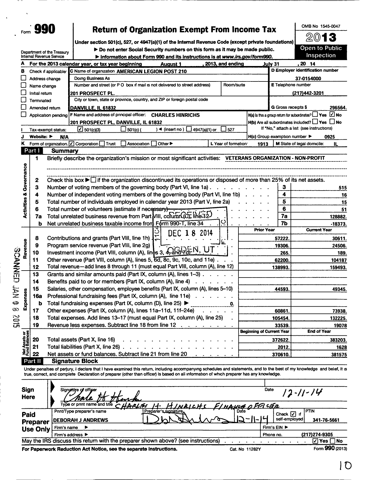 Image of first page of 2013 Form 990 for American Legion Post 210