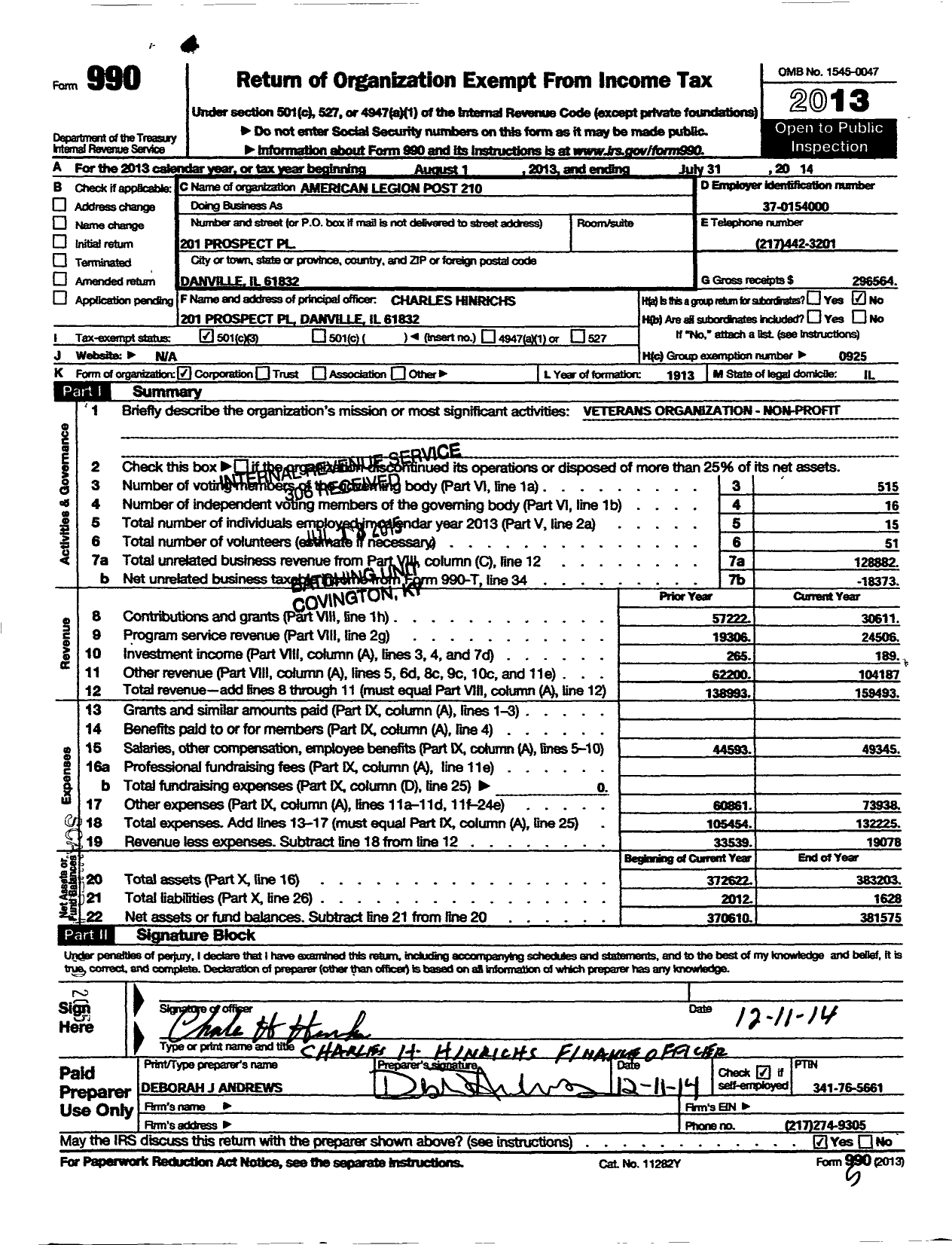 Image of first page of 2013 Form 990 for American Legion Post 210