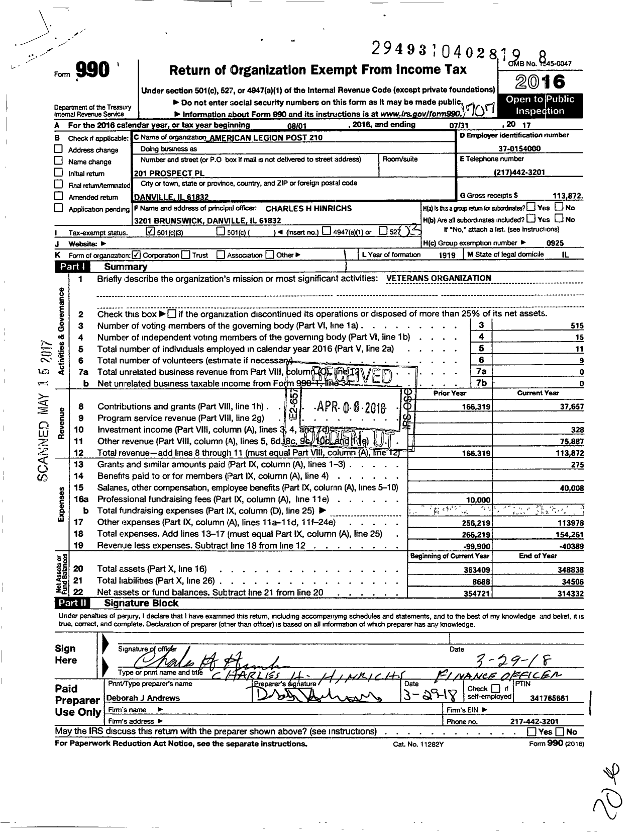 Image of first page of 2016 Form 990 for American Legion Post 210