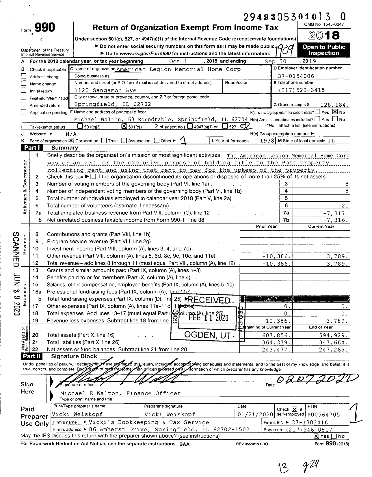 Image of first page of 2018 Form 990O for American Legion Memorial Home Corp