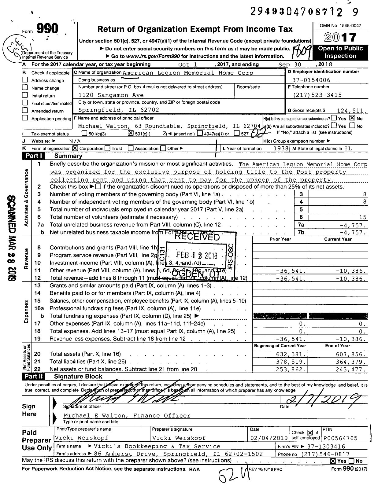 Image of first page of 2017 Form 990O for American Legion Memorial Home Corp