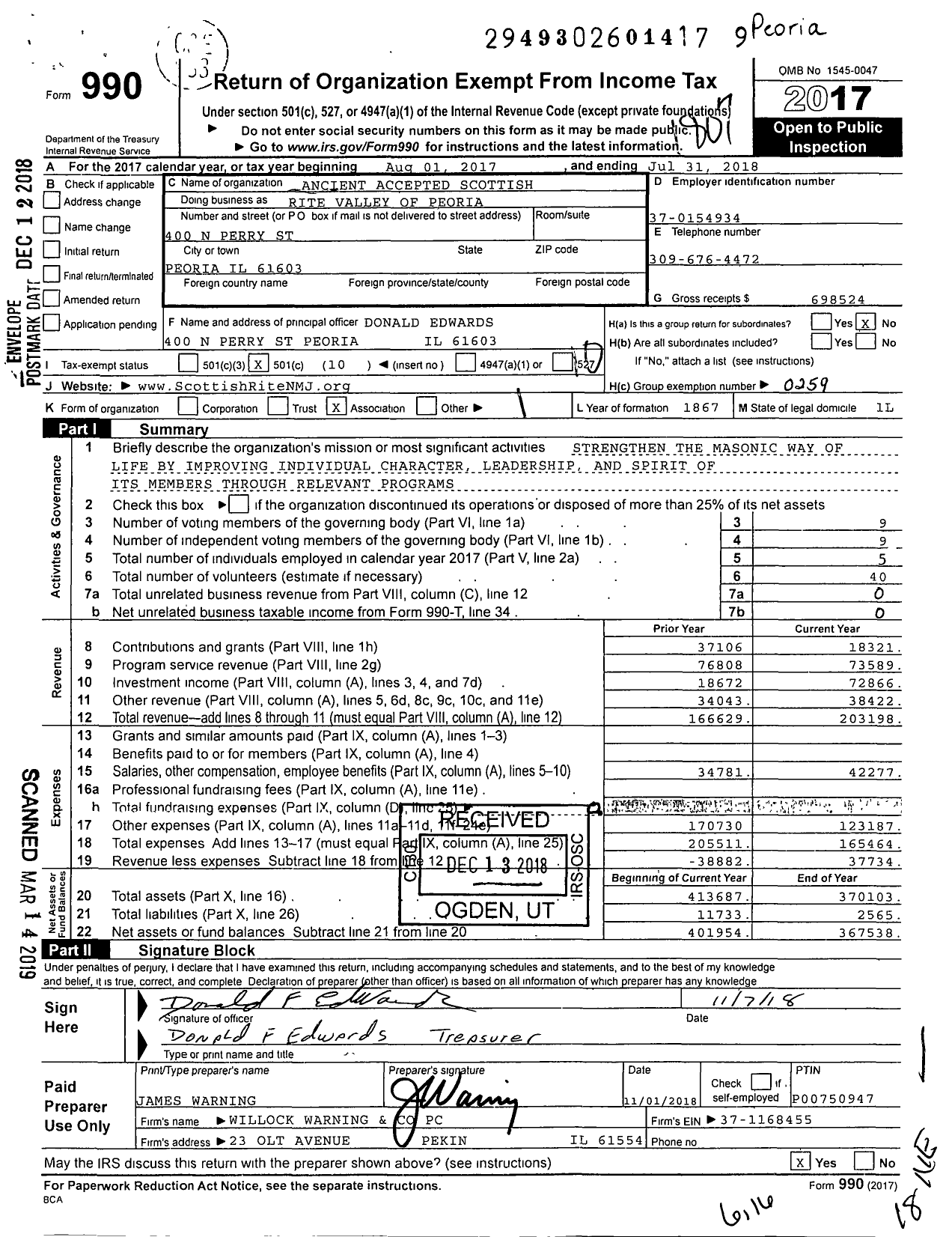 Image of first page of 2017 Form 990O for Scottish Rite, NMJ - Valley of Peoria Central City LDG