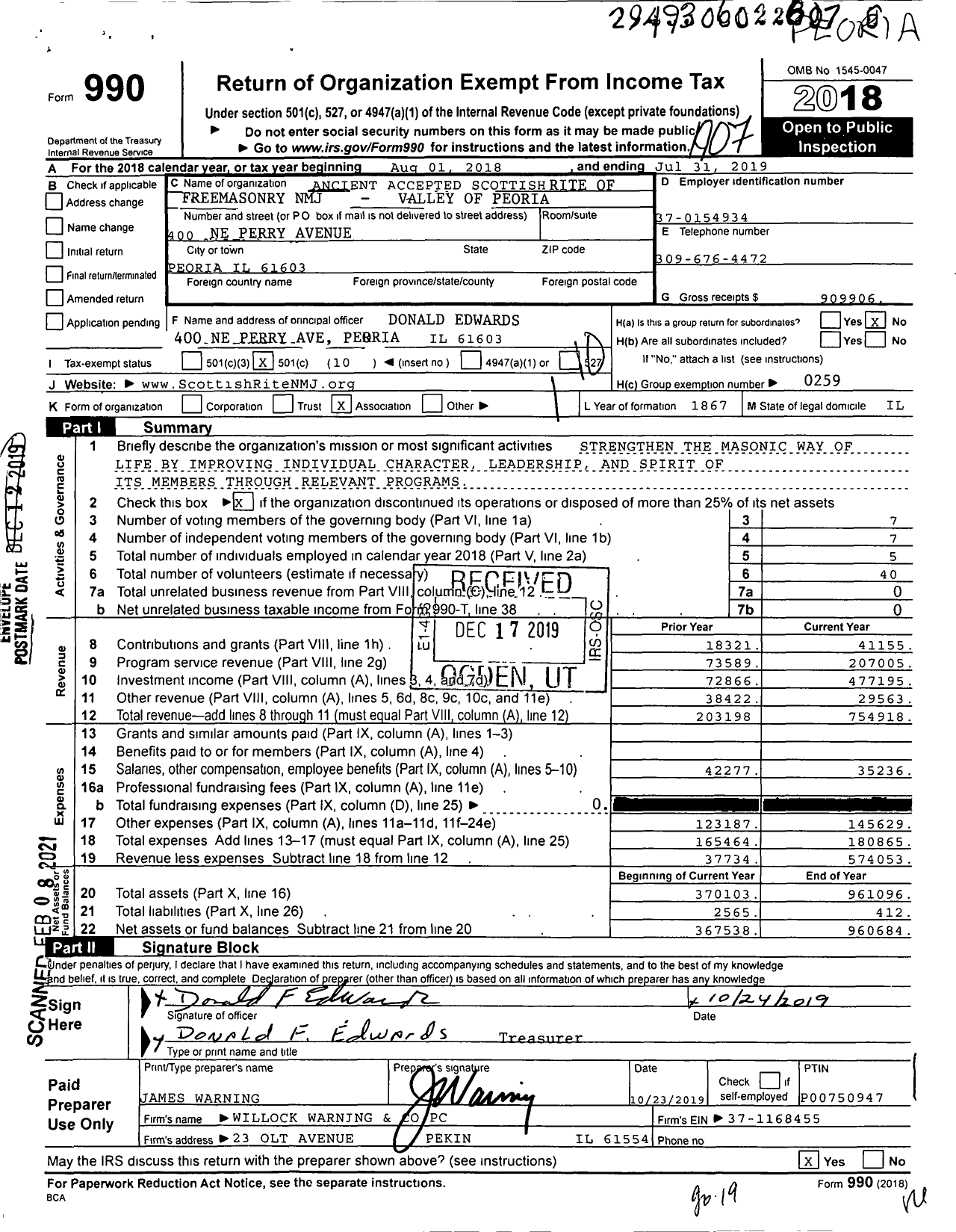 Image of first page of 2018 Form 990O for Scottish Rite, NMJ - Valley of Peoria Central City LDG