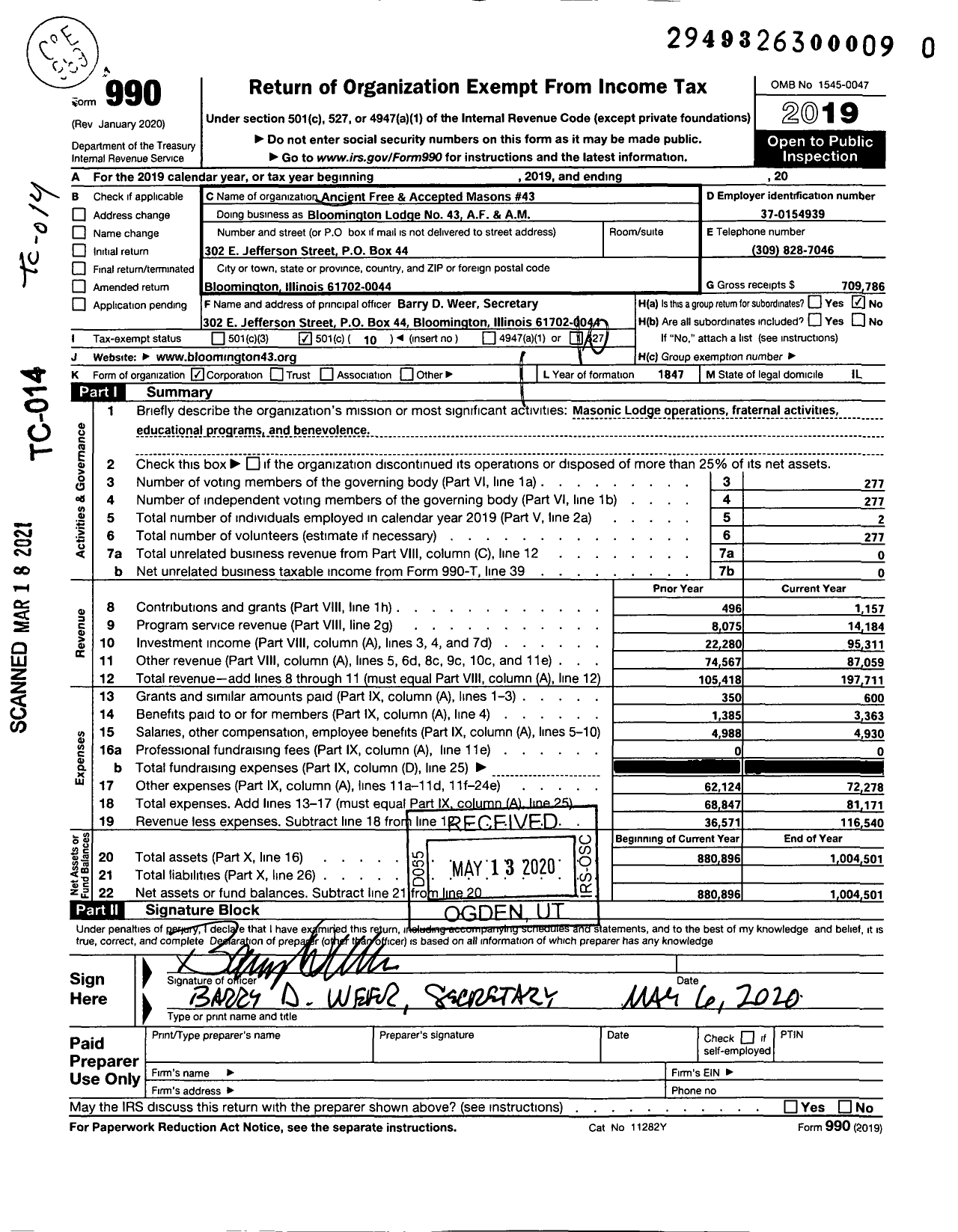 Image of first page of 2019 Form 990O for Ancient Free & Accepted Masons of Illinois - Bloomington Lodge No 43 AF and AM