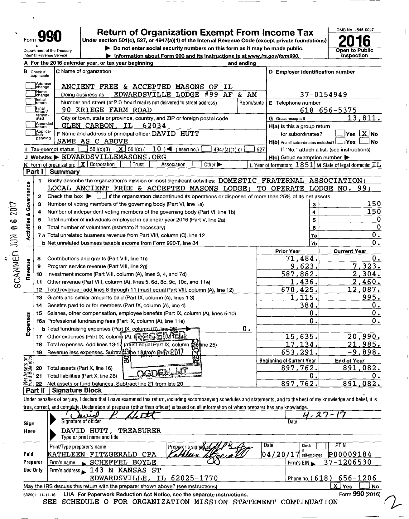 Image of first page of 2016 Form 990O for Ancient Free & Accepted Masons of Illinois - 99 Edwardsville Lodge