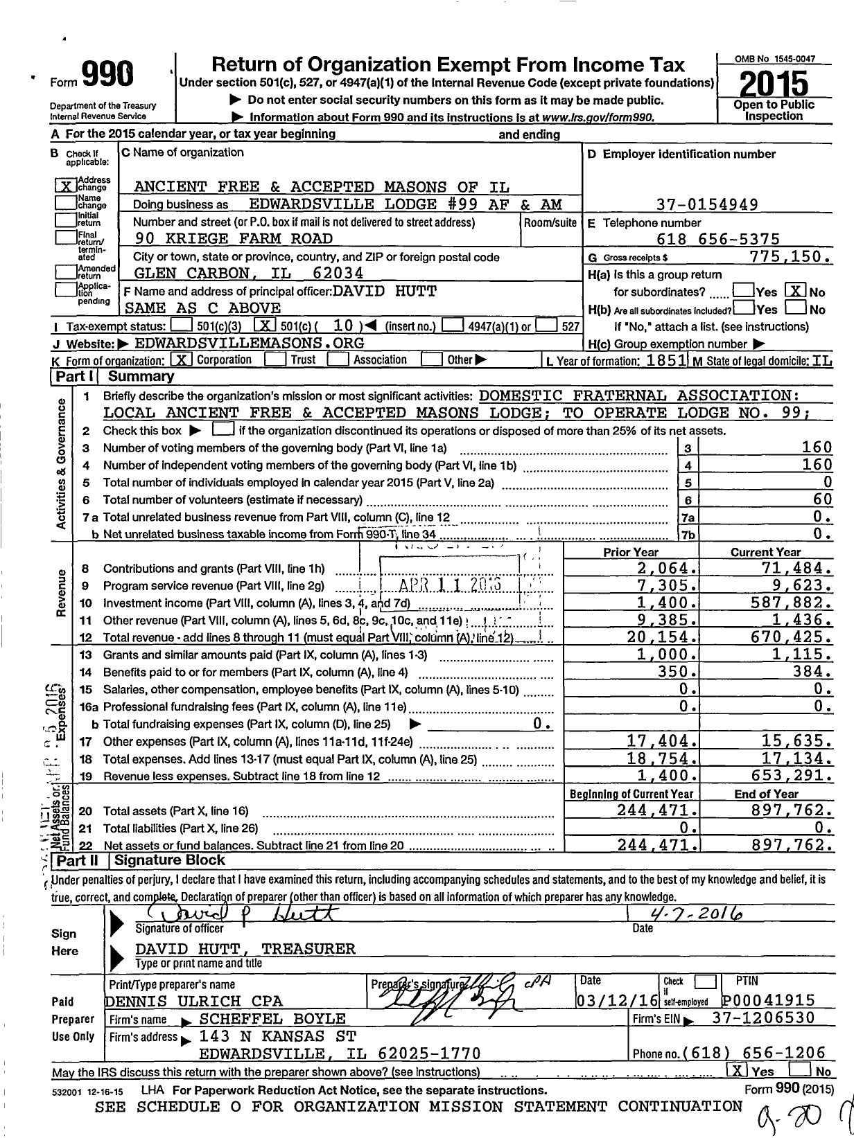 Image of first page of 2015 Form 990O for Ancient Free & Accepted Masons of Illinois - 99 Edwardsville Lodge