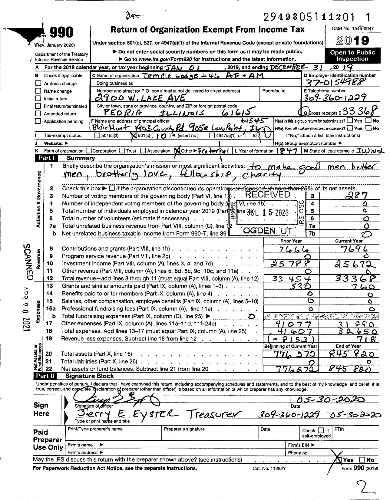 Image of first page of 2019 Form 990O for Ancient Free & Accepted Masons of Illinois - 46 Temple Lodge