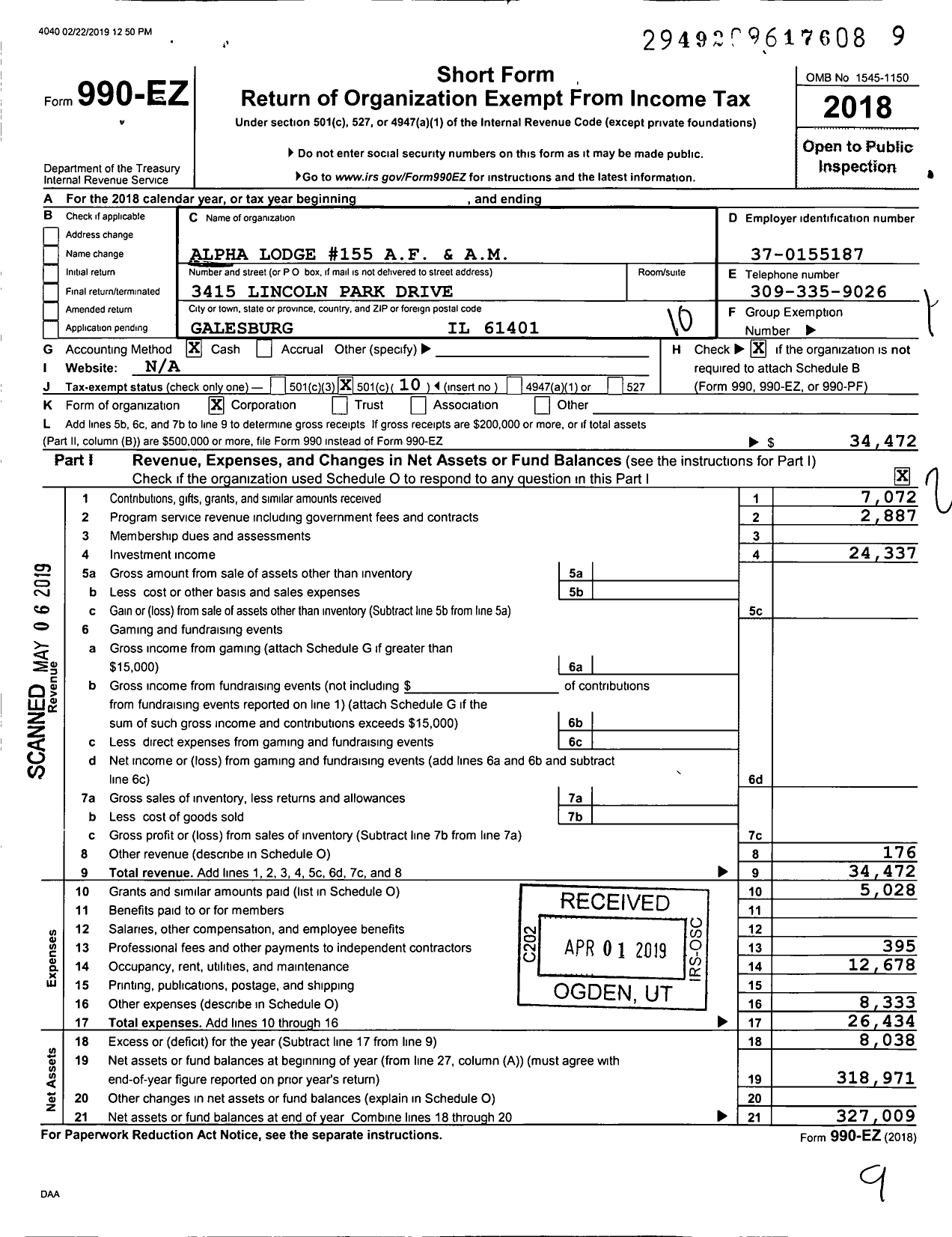 Image of first page of 2018 Form 990EO for Ancient Free & Accepted Masons of Illinois - 155 Alpha Lodge