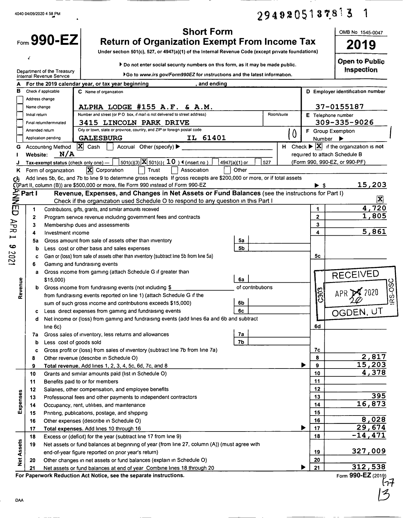 Image of first page of 2019 Form 990EO for Ancient Free & Accepted Masons of Illinois - 155 Alpha Lodge