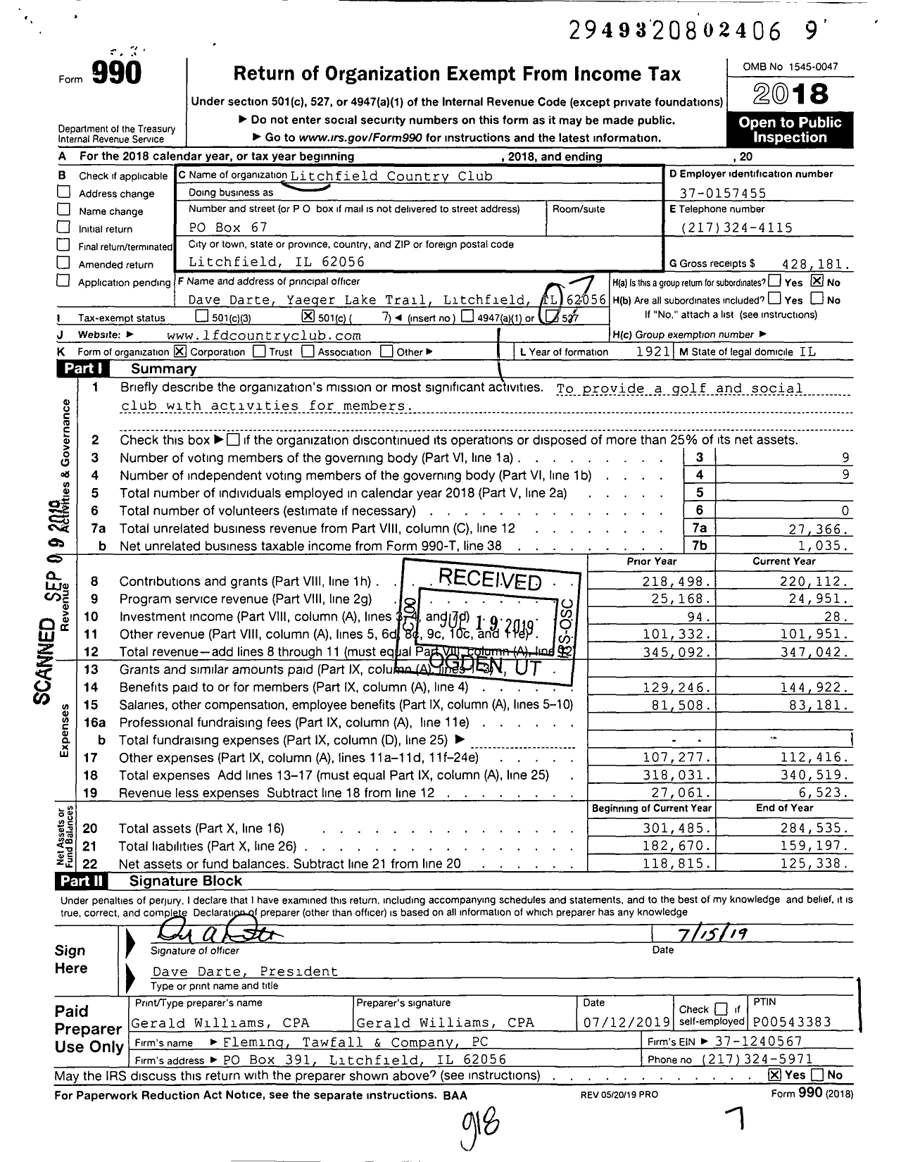 Image of first page of 2018 Form 990O for Litchfield Country Club