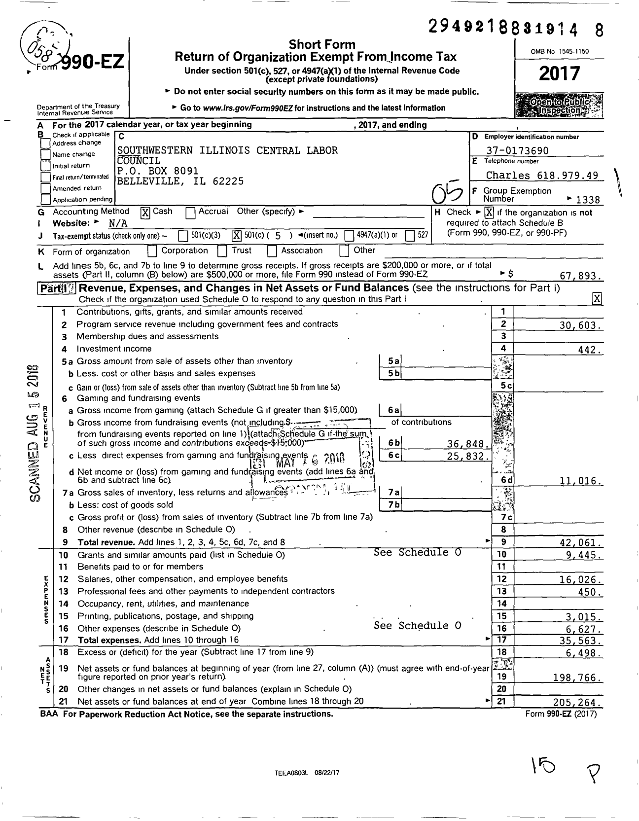 Image of first page of 2017 Form 990EO for AFL-CIO - Southwestern Il Central Labor Counc