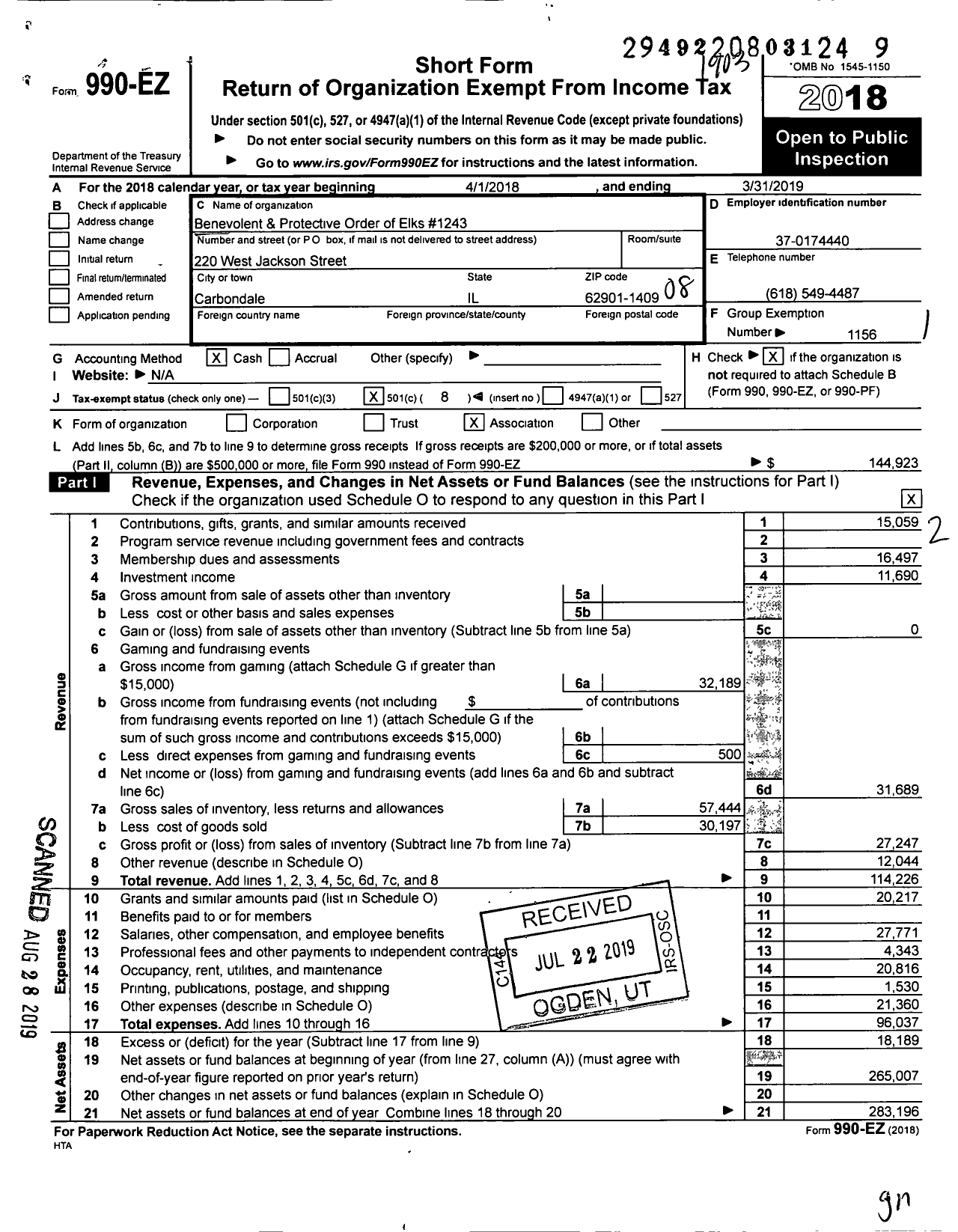 Image of first page of 2018 Form 990EO for Benevolent and Protective Order of Elks - 1243 Carbondale