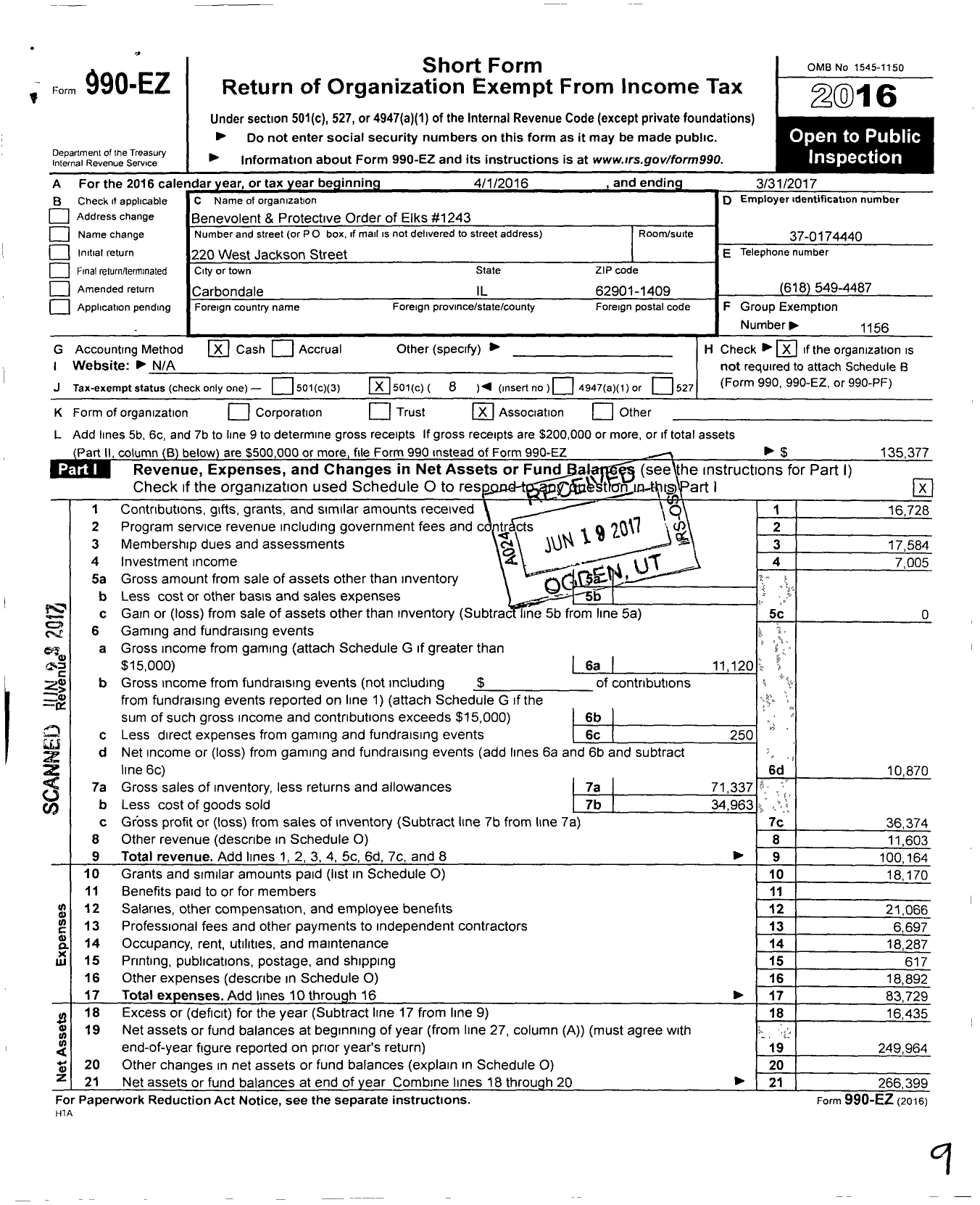 Image of first page of 2016 Form 990EO for Benevolent and Protective Order of Elks - 1243 Carbondale