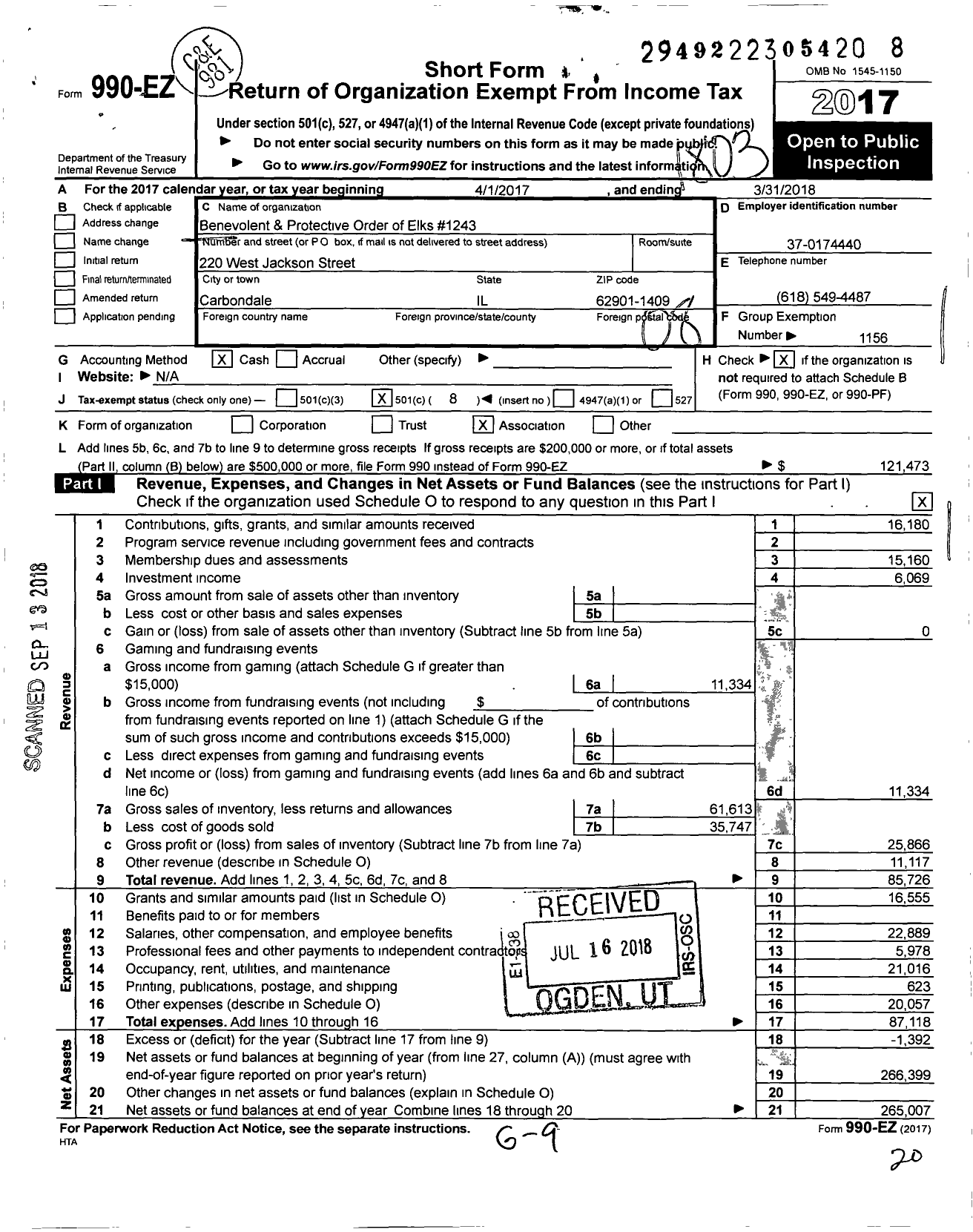 Image of first page of 2017 Form 990EO for Benevolent and Protective Order of Elks - 1243 Carbondale