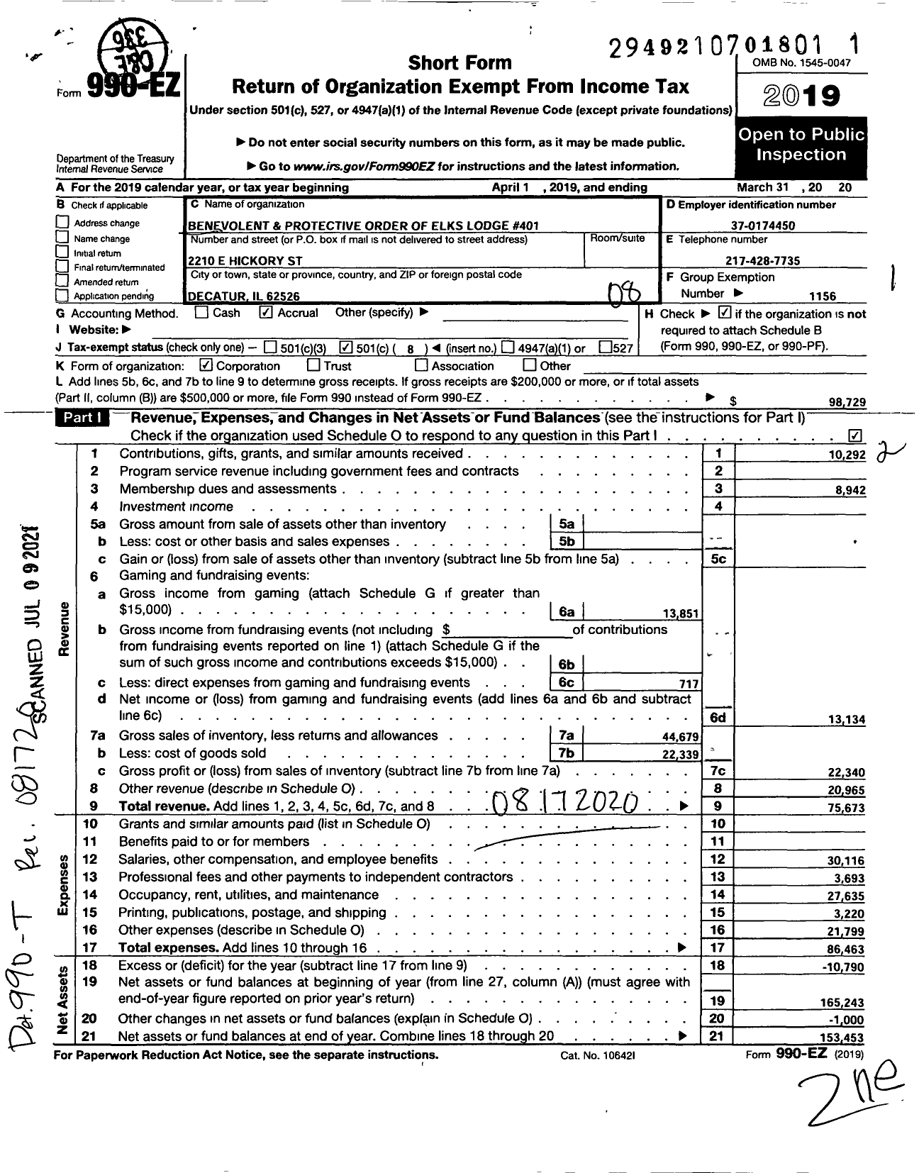 Image of first page of 2019 Form 990EO for Benevolent and Protective Order of Elks - 401 Decatur