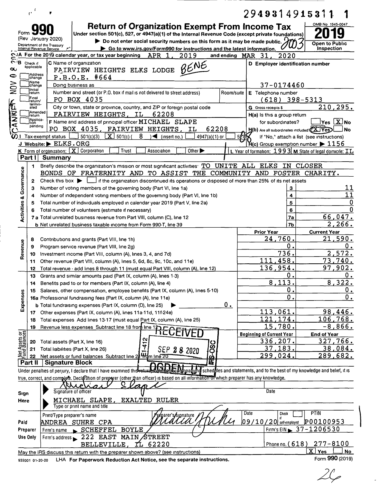 Image of first page of 2019 Form 990O for Benevolent and Protective Order of Elks - 664 Fairview Heights