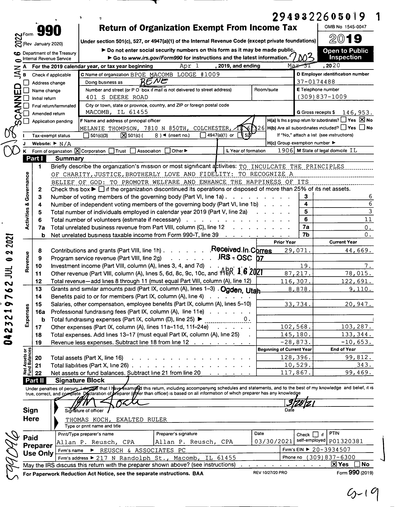 Image of first page of 2019 Form 990O for Benevolent and Protective Order of Elks - 1009 Macomb