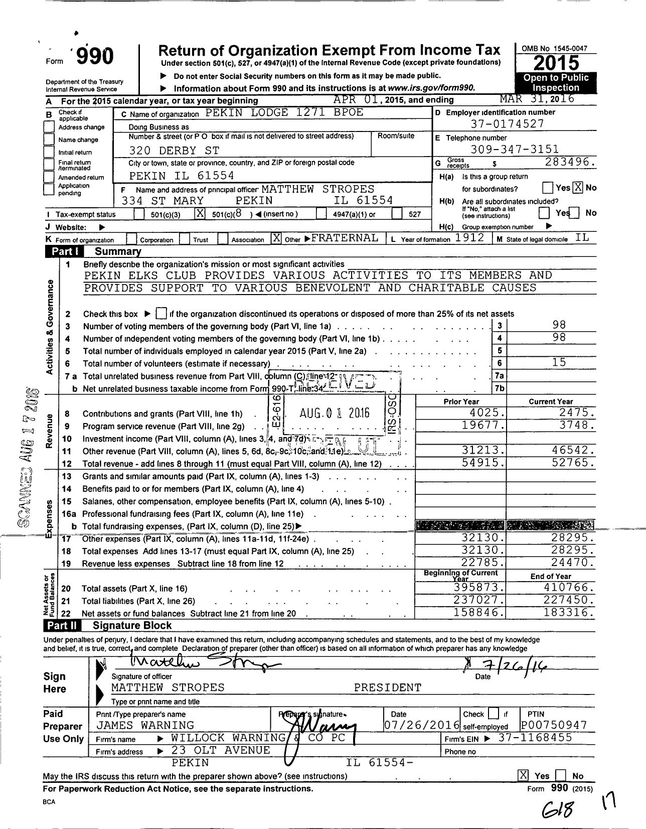 Image of first page of 2015 Form 990O for Pekin Il Lodge No 1271 of the Benevolent and Protective Order