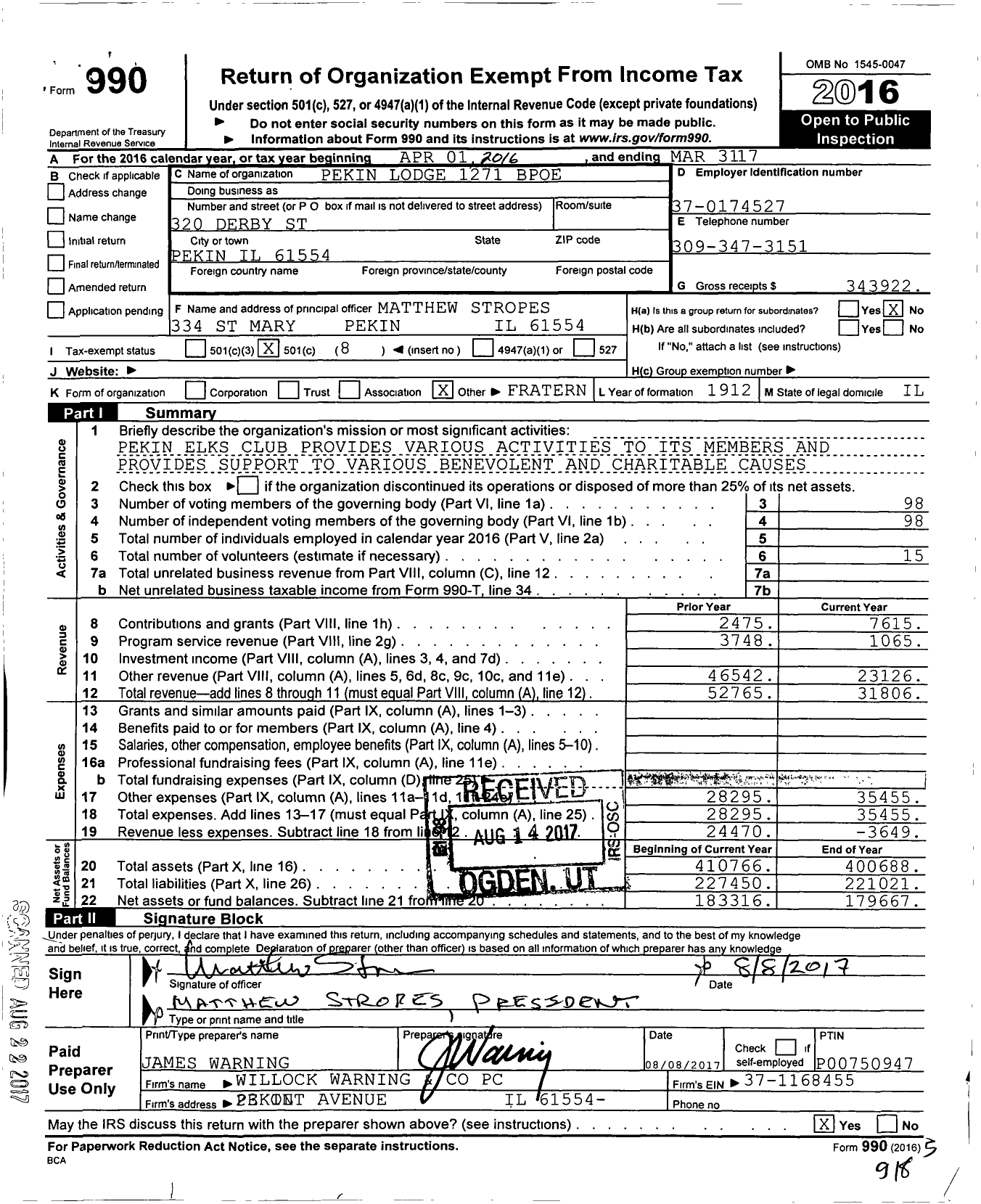 Image of first page of 2016 Form 990O for Pekin Il Lodge No 1271 of the Benevolent and Protective Order