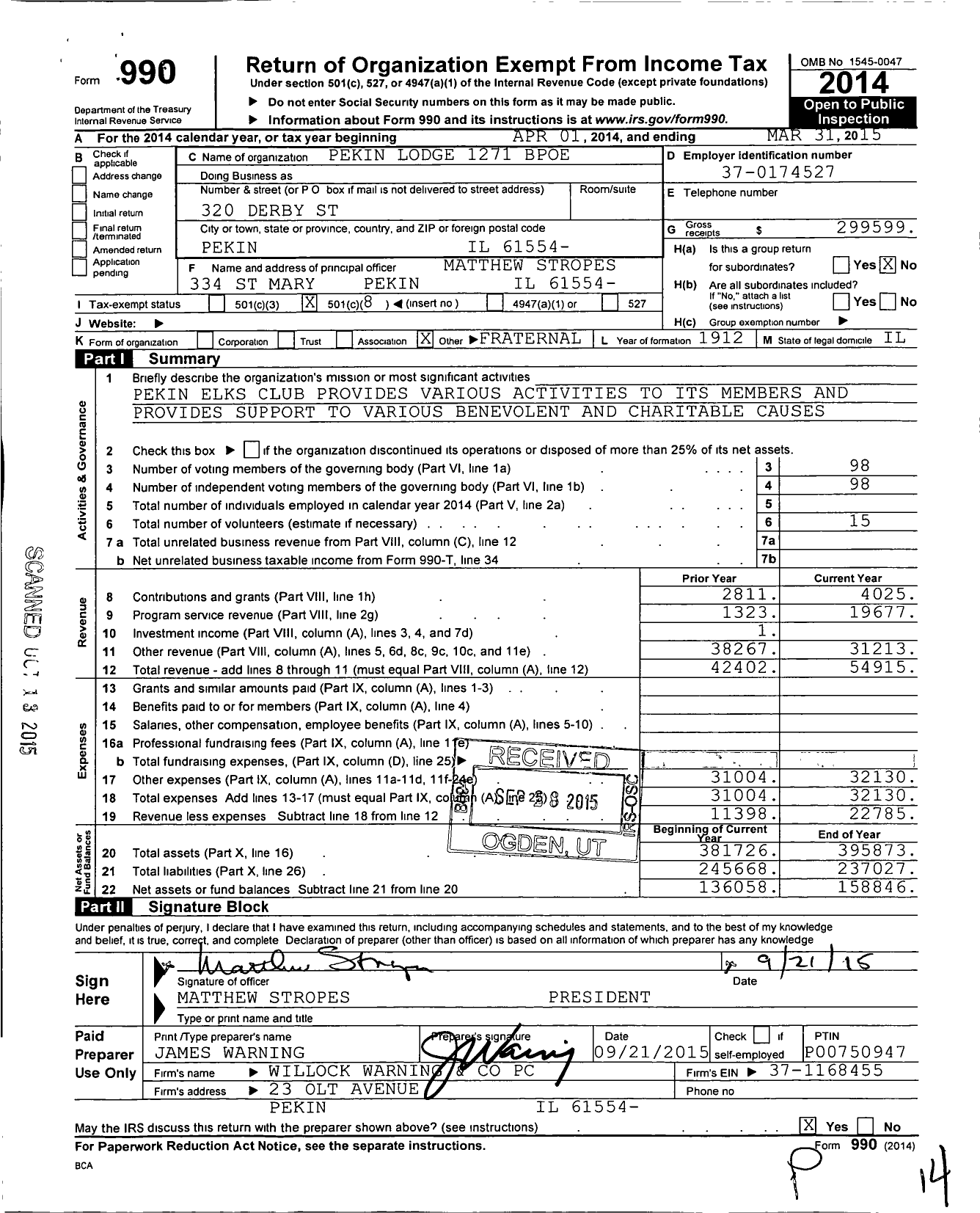 Image of first page of 2014 Form 990O for Pekin Il Lodge No 1271 of the Benevolent and Protective Order