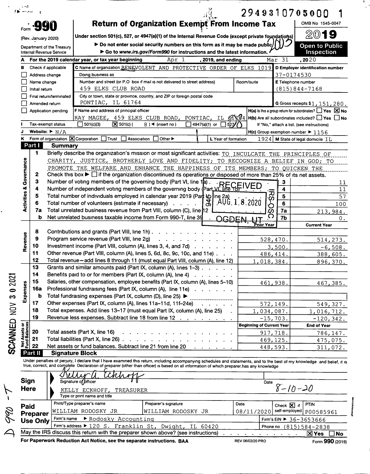 Image of first page of 2019 Form 990O for Benevolent and Protective Order of Elks - 1019 Pontiac