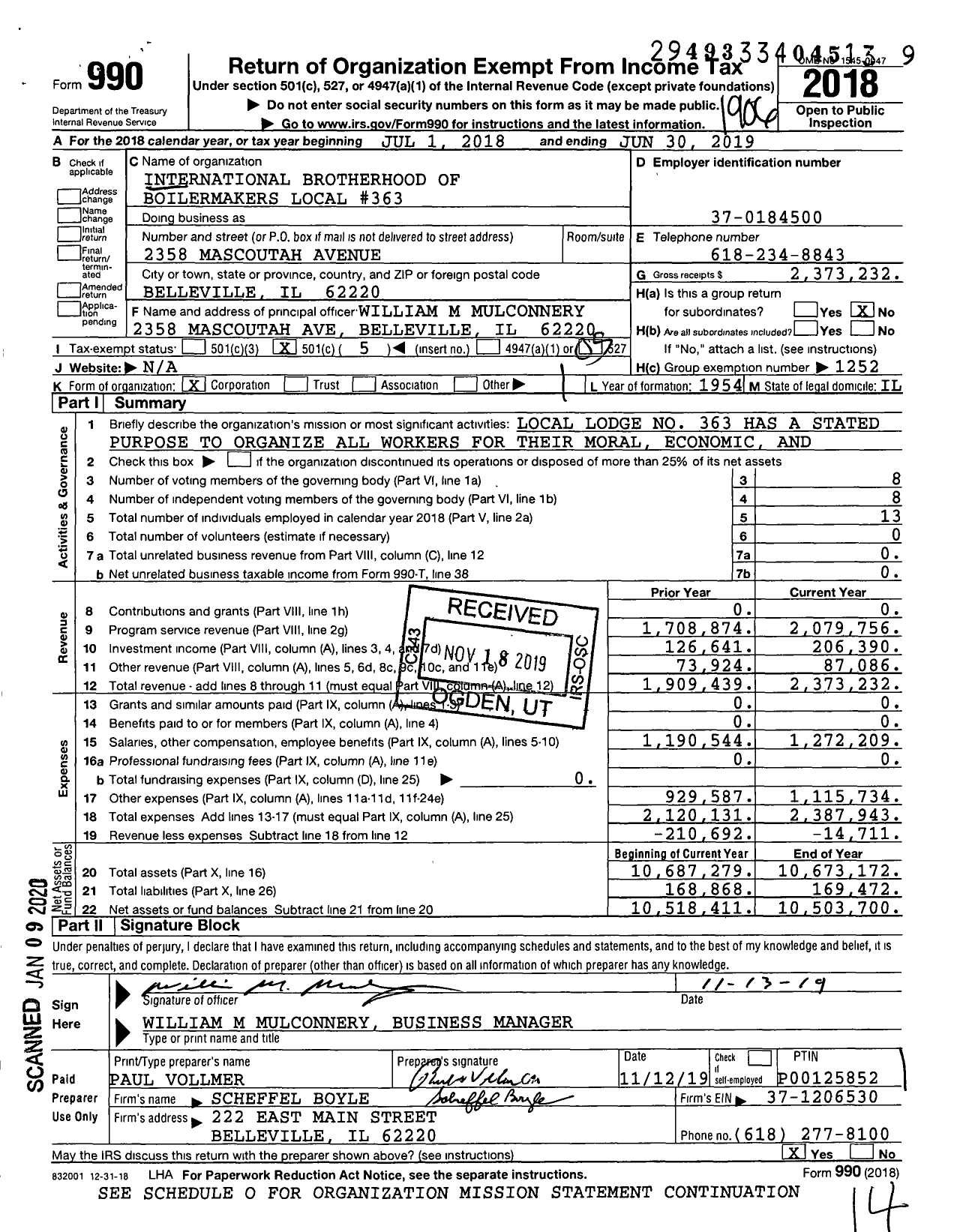 Image of first page of 2018 Form 990O for International Brotherhood of Boilermakers - 363 Lodge