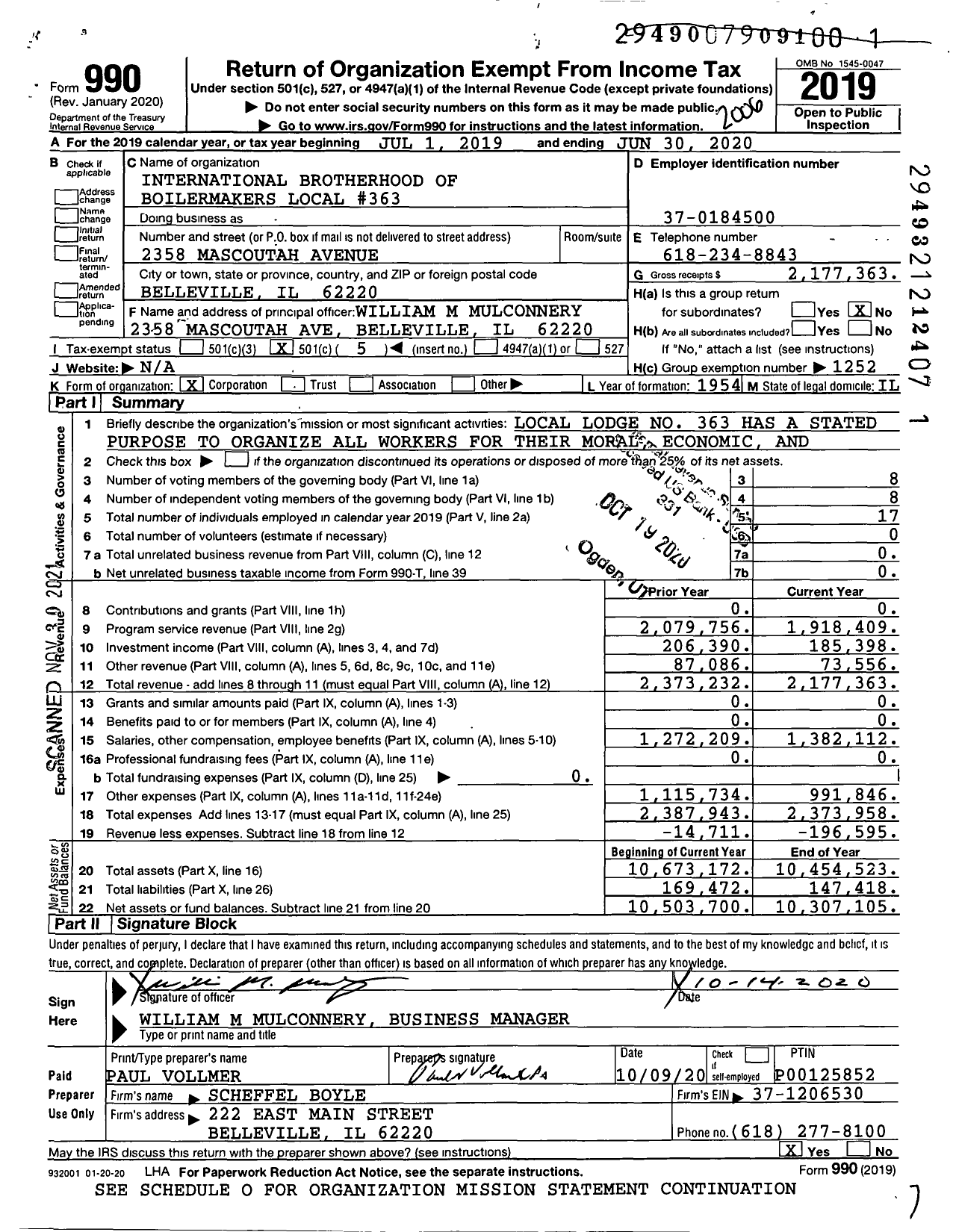 Image of first page of 2019 Form 990O for International Brotherhood of Boilermakers - 363 Lodge