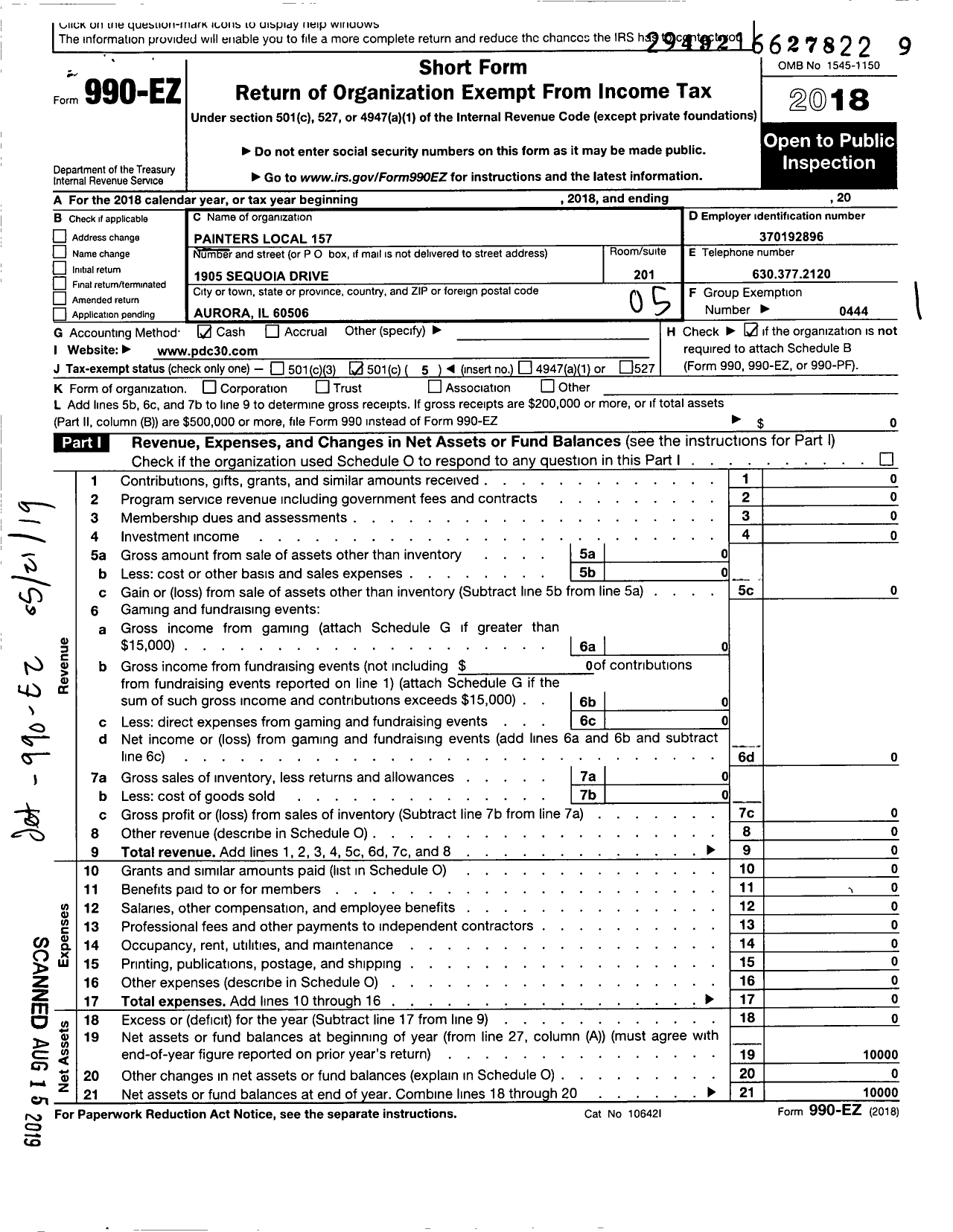 Image of first page of 2018 Form 990EO for International Union of Painters and Allied Trades - 157 Painters Local Union