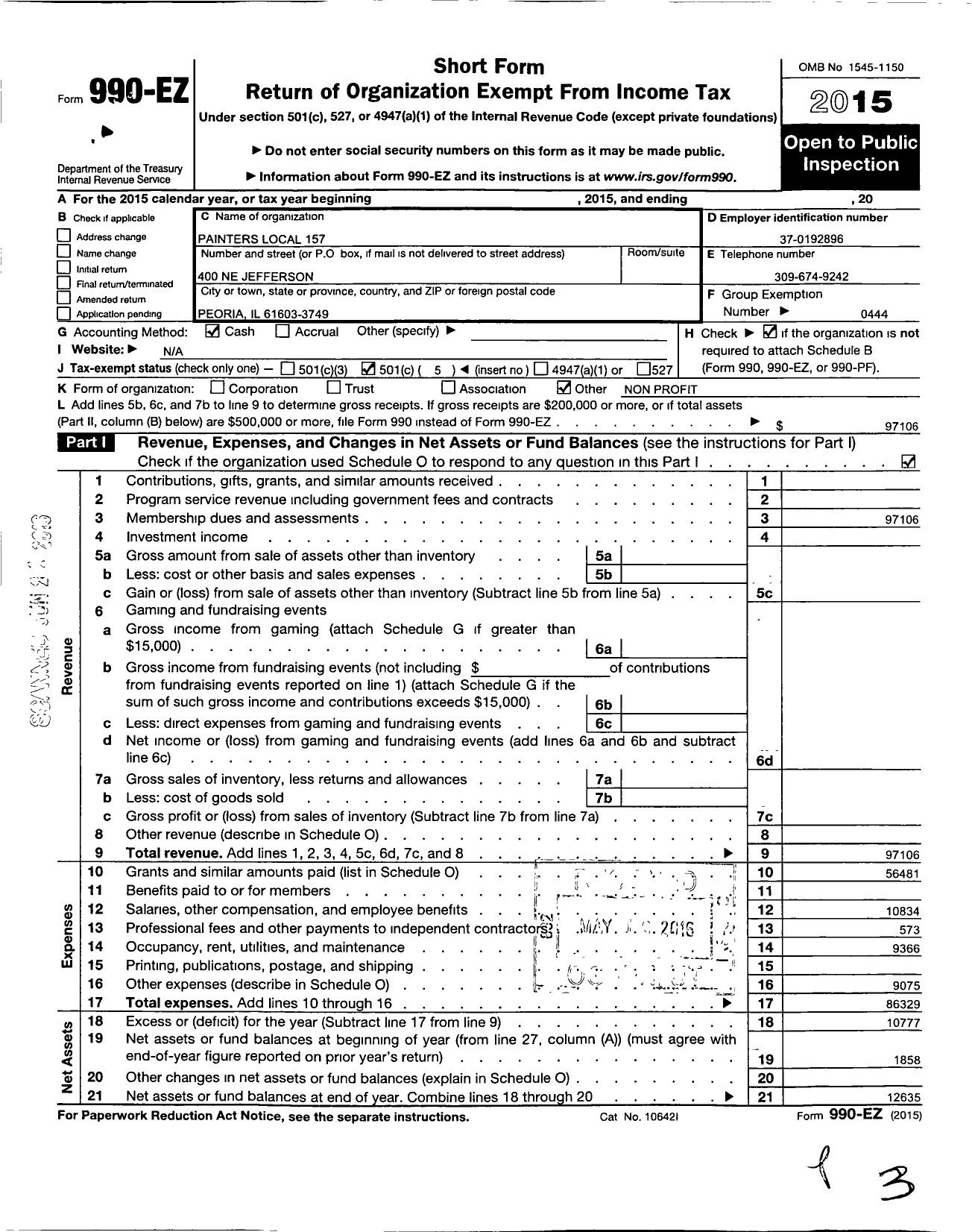 Image of first page of 2015 Form 990EO for International Union of Painters and Allied Trades - 157 Painters Local Union