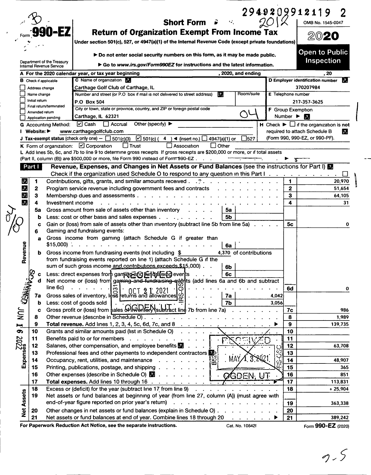 Image of first page of 2020 Form 990EO for Carthage Golf Club of Carthage Il