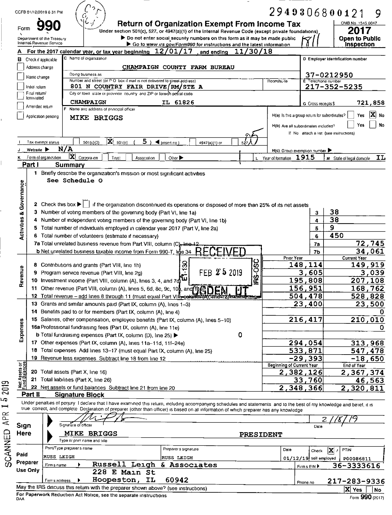 Image of first page of 2017 Form 990O for Champaign County Farm Bureau