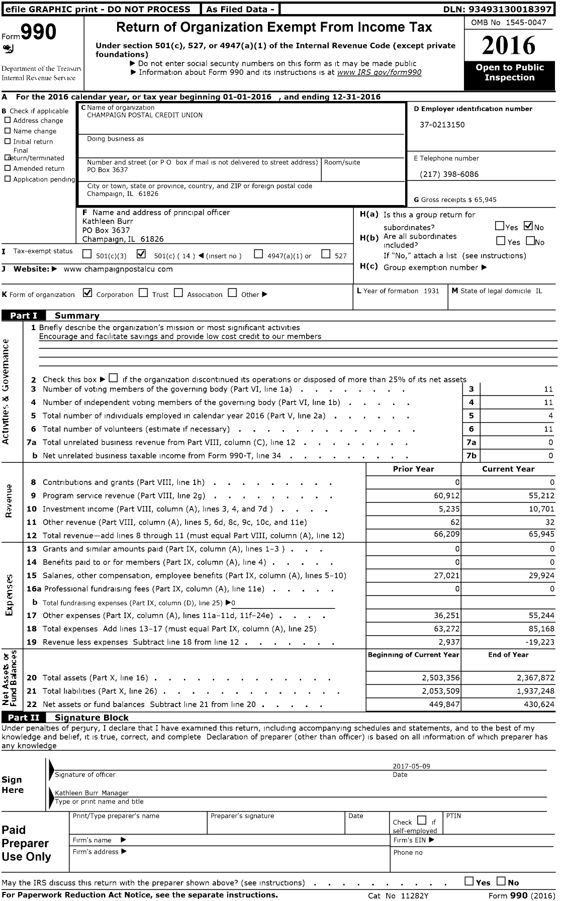 Image of first page of 2016 Form 990O for Champaign Postal Credit Union