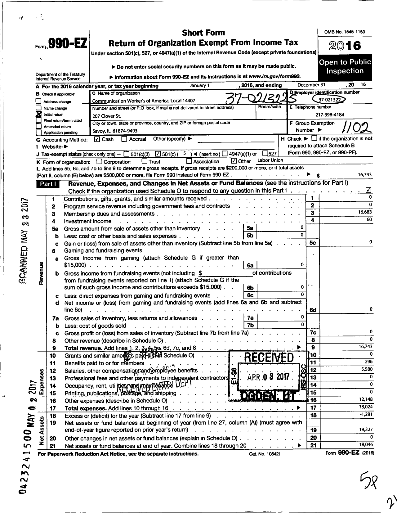 Image of first page of 2016 Form 990EO for Communications Workers of America - 14407 Local Champaign Urbana Typog