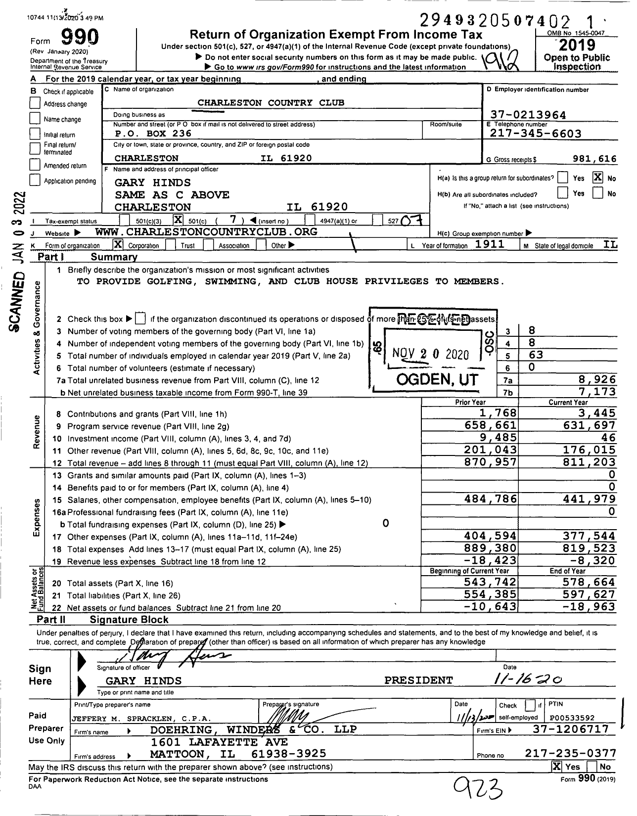 Image of first page of 2019 Form 990O for Charleston Country Club