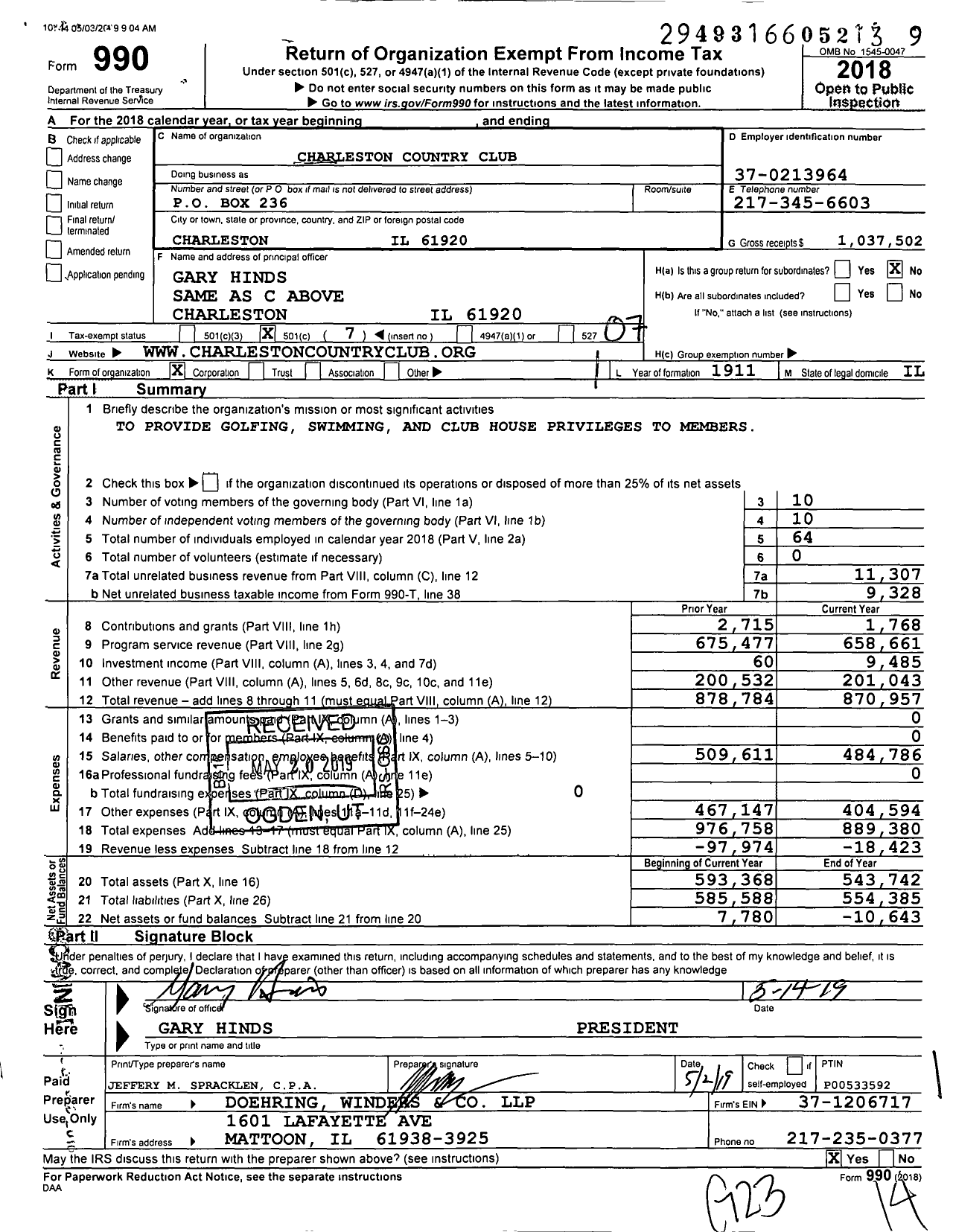 Image of first page of 2018 Form 990O for Charleston Country Club