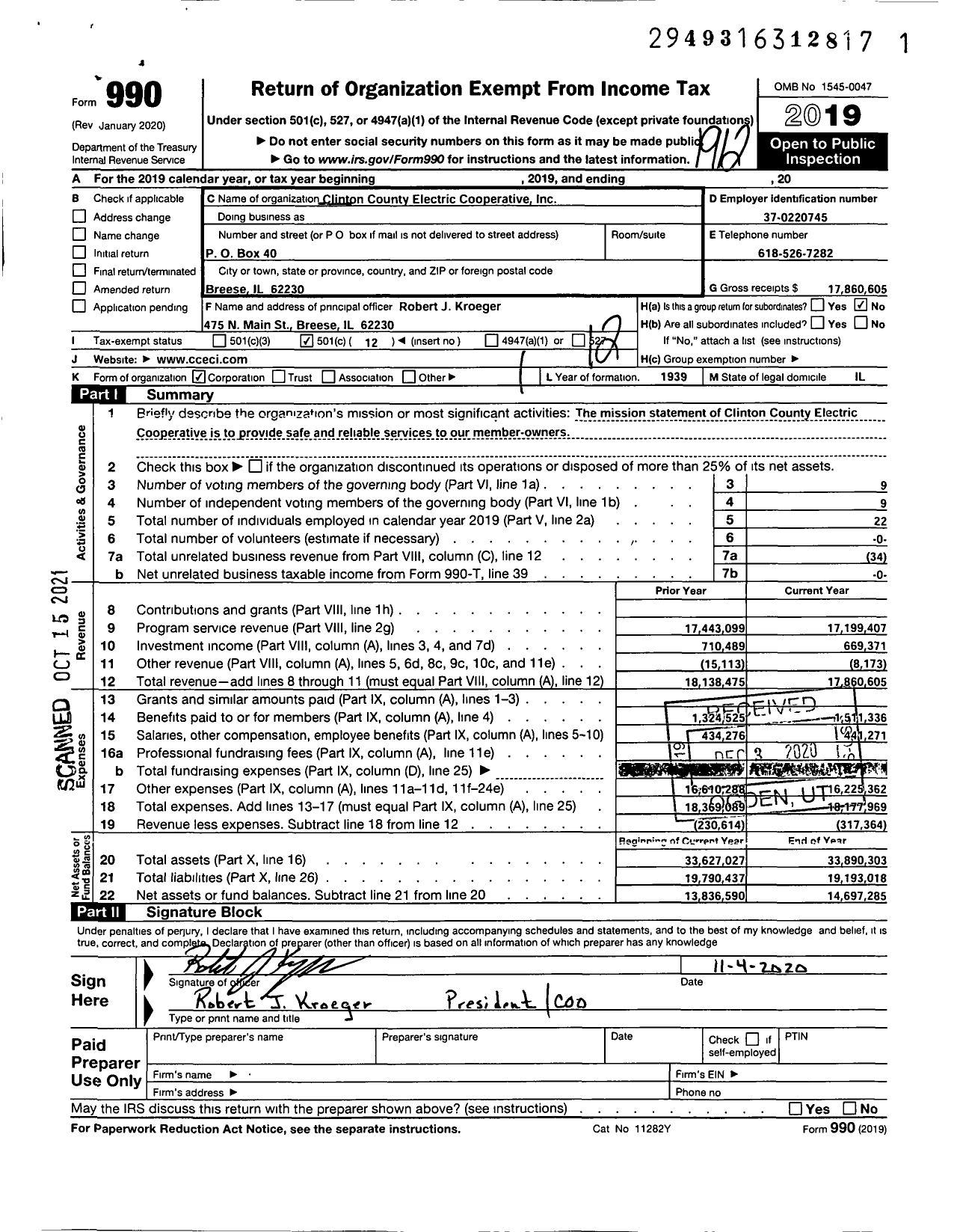 Image of first page of 2019 Form 990O for Clinton County Electric Cooperative
