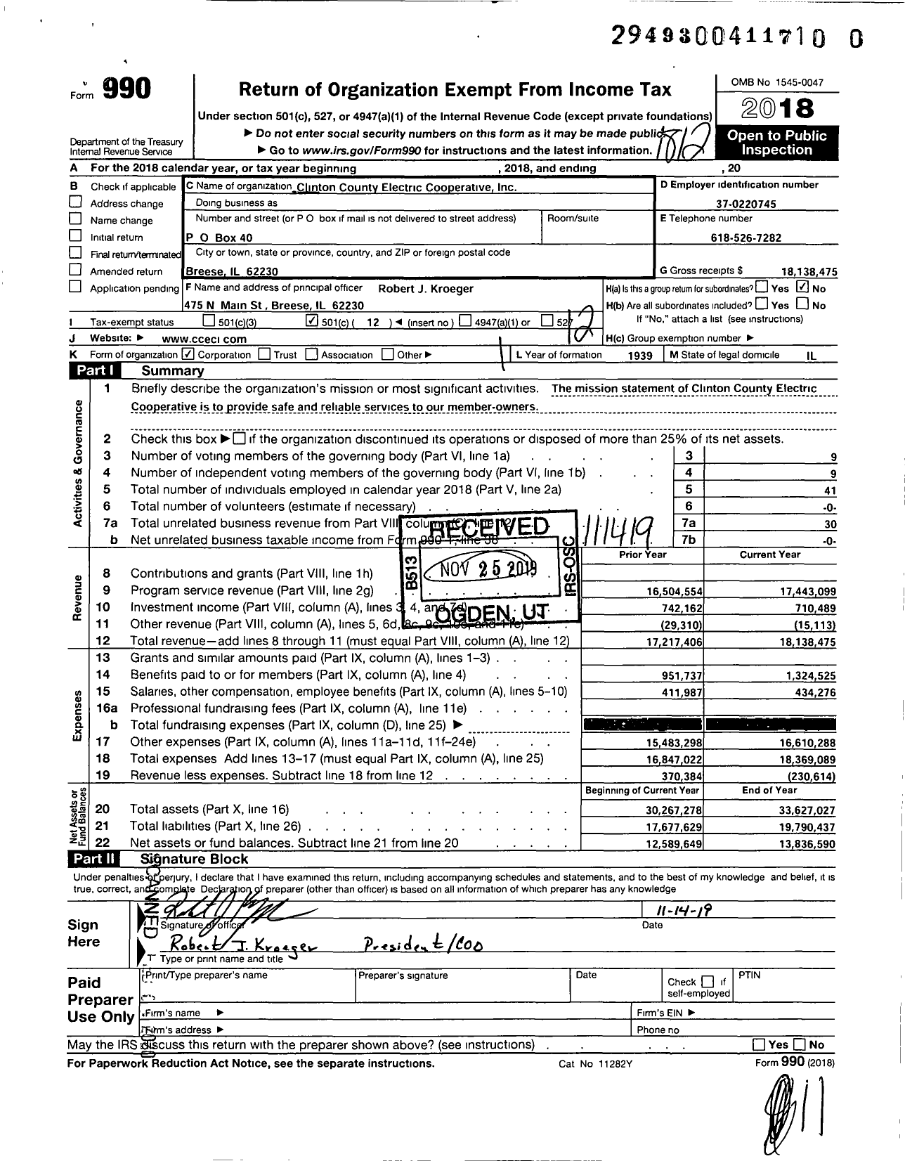 Image of first page of 2018 Form 990O for Clinton County Electric Cooperative
