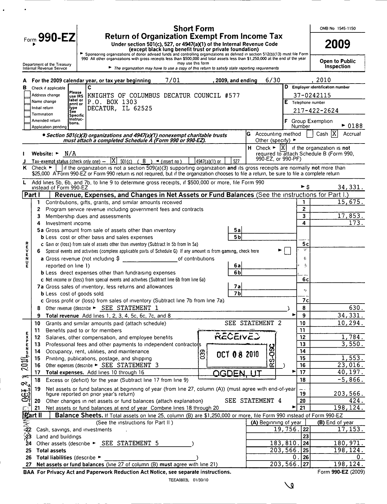 Image of first page of 2009 Form 990EO for Knights of Columbus