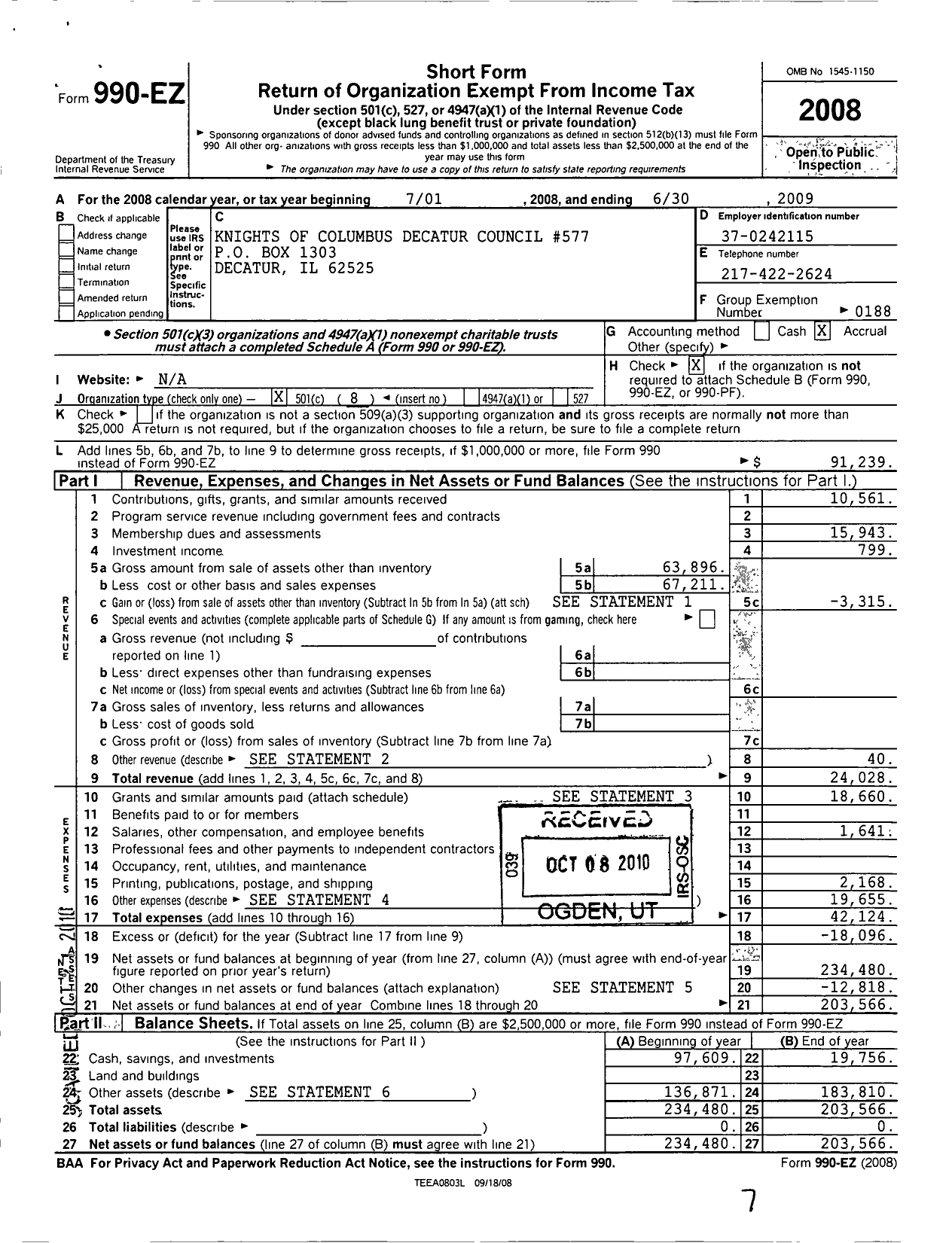 Image of first page of 2008 Form 990EO for Knights of Columbus