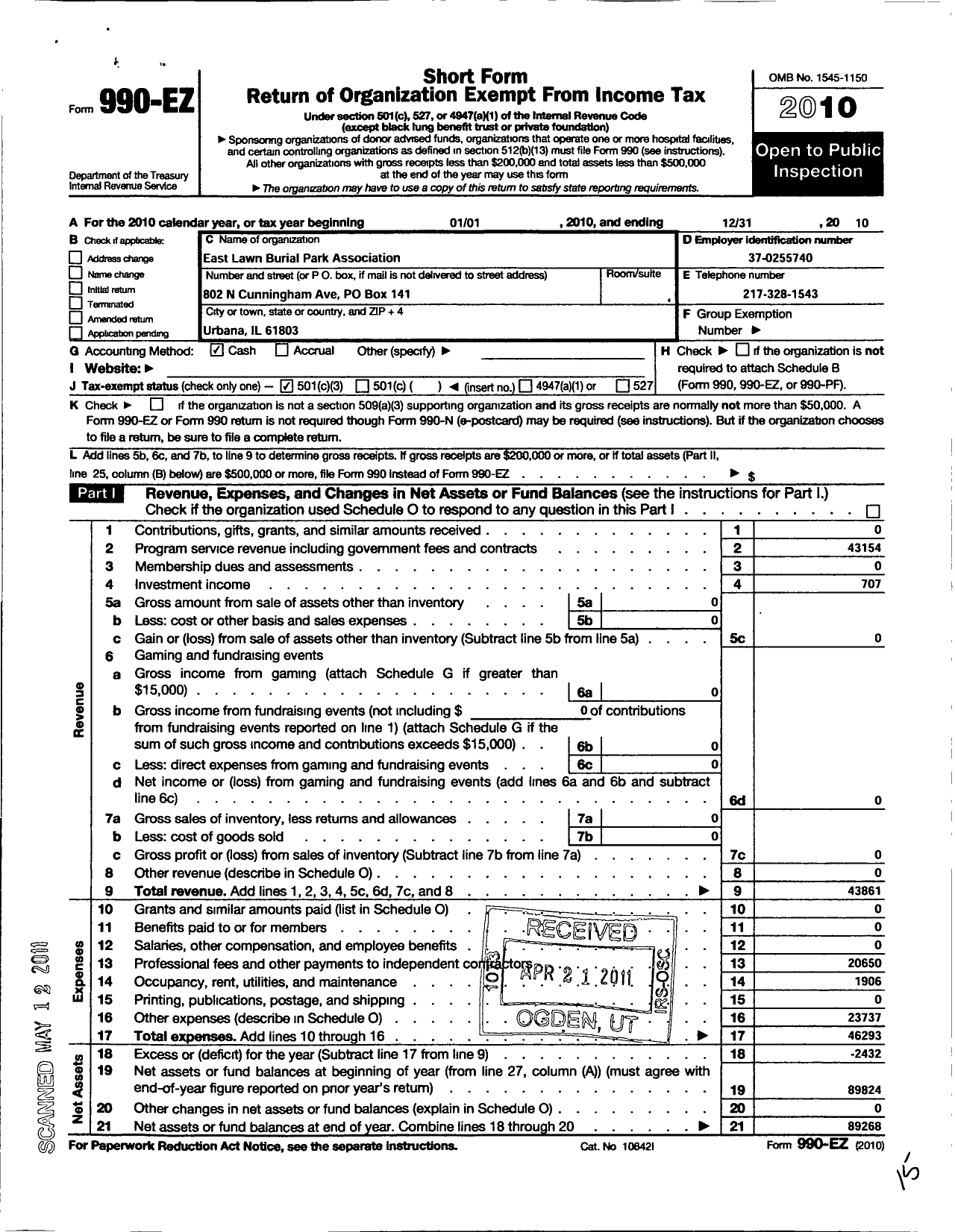 Image of first page of 2010 Form 990EZ for East Lawn Burial Park Association