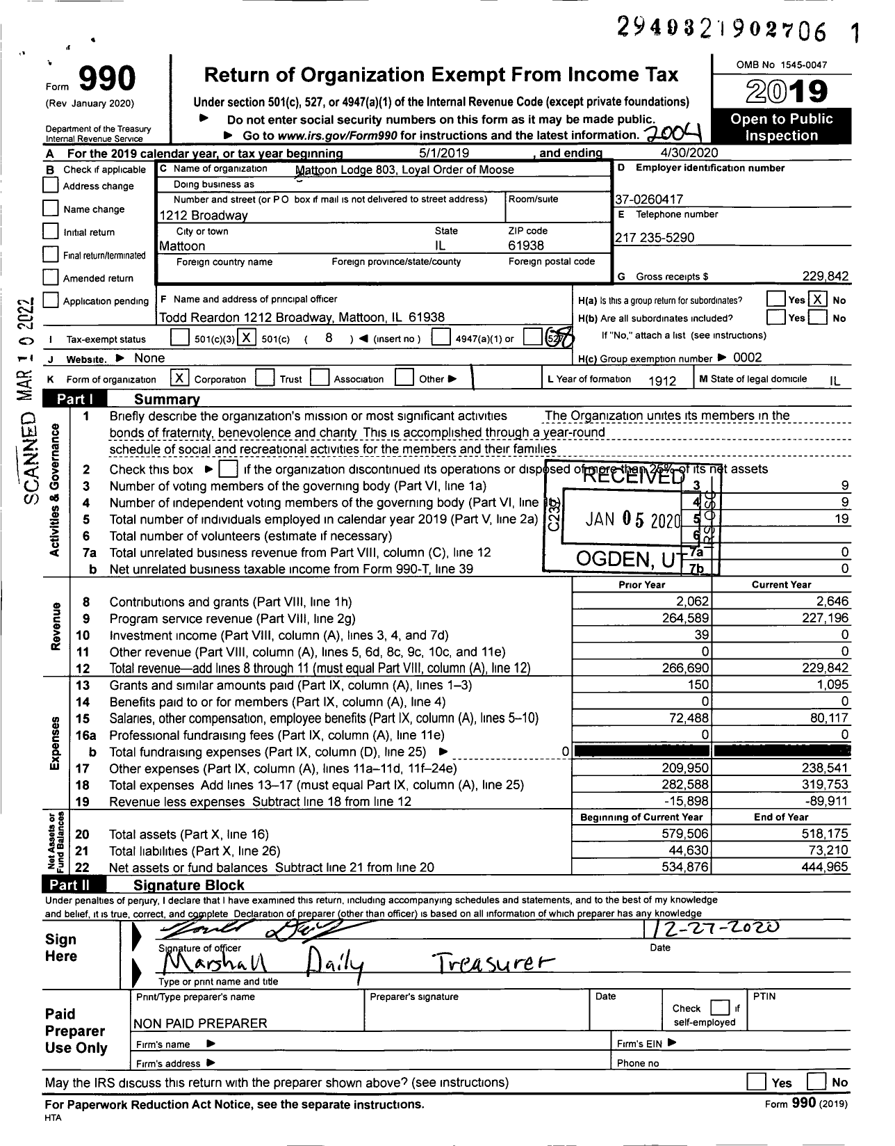 Image of first page of 2019 Form 990O for Loyal Order of Moose - 803