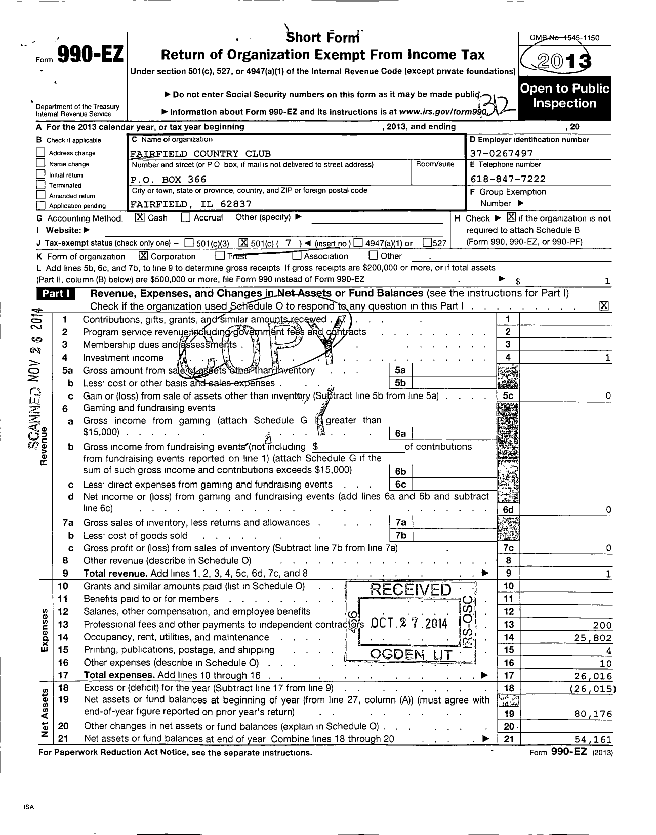 Image of first page of 2013 Form 990EO for Fairfield Country Club