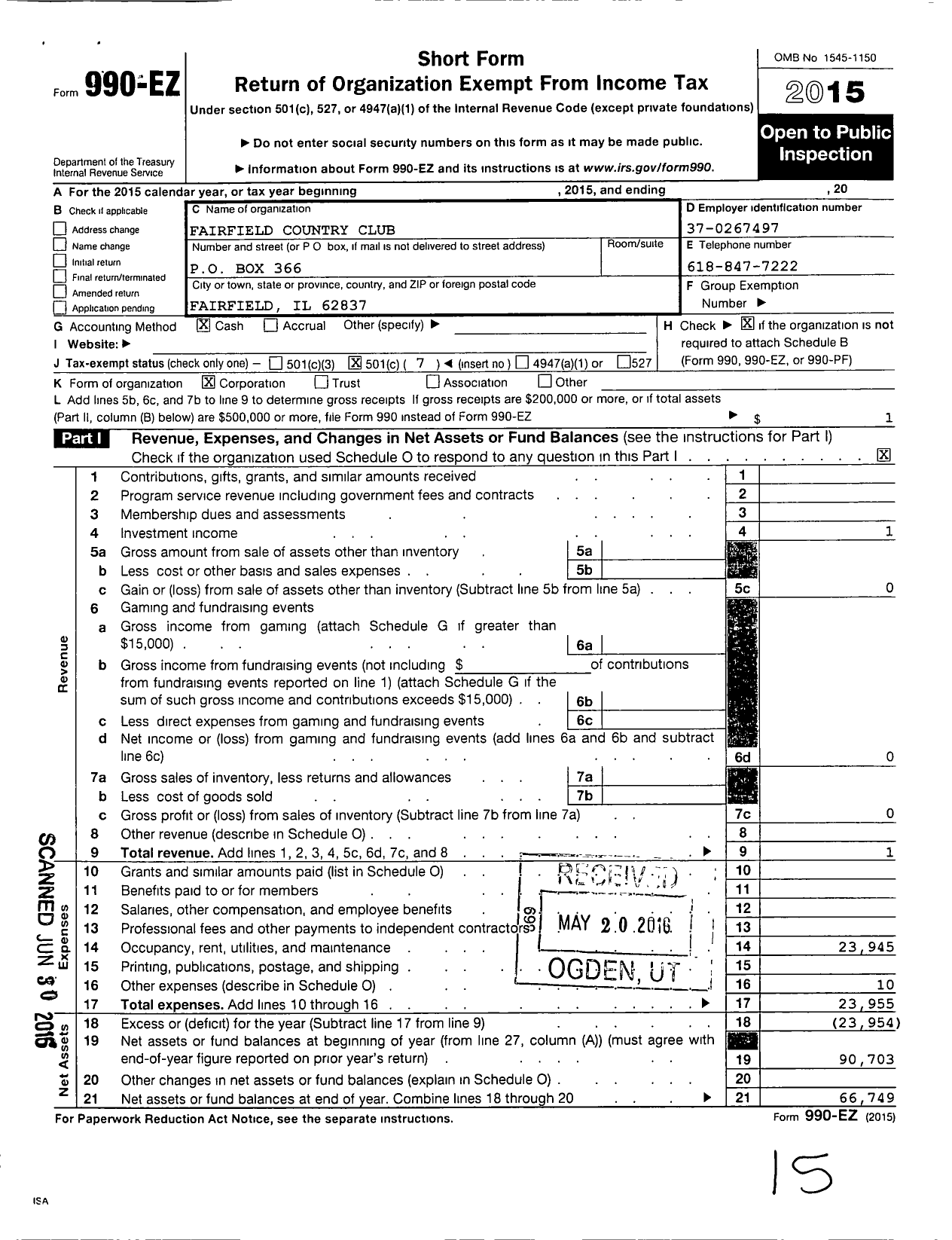 Image of first page of 2015 Form 990EO for Fairfield Country Club