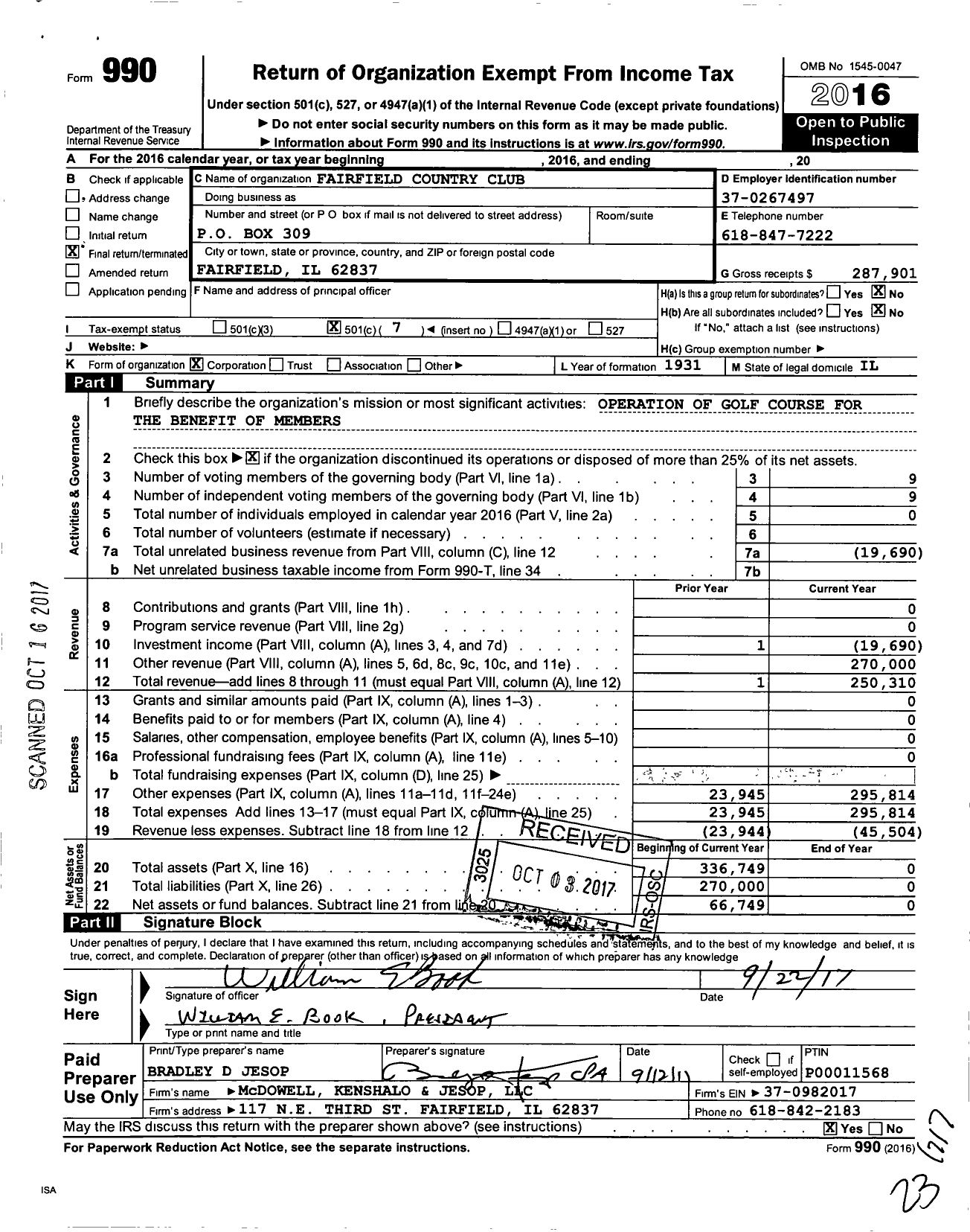 Image of first page of 2016 Form 990O for Fairfield Country Club